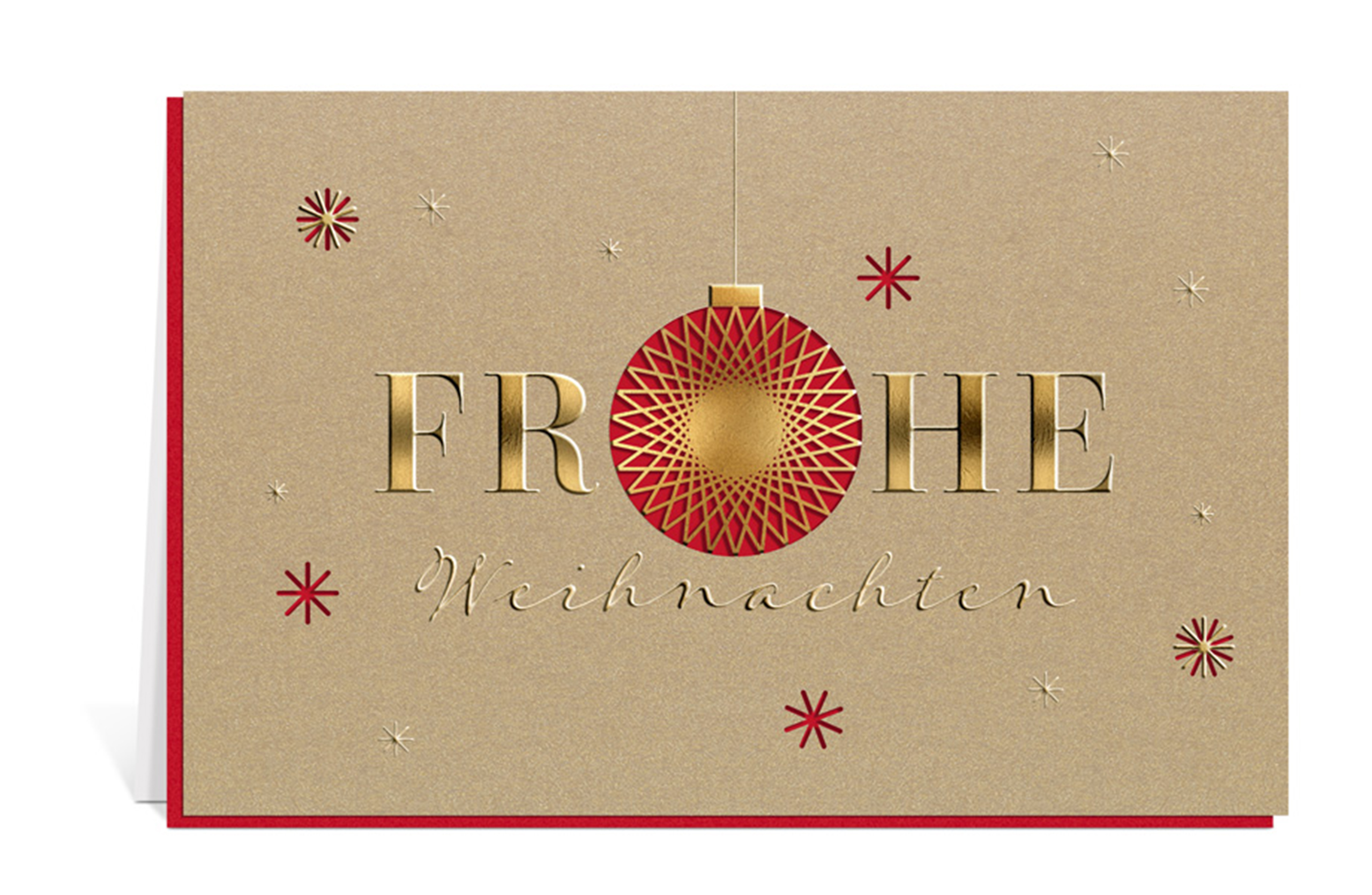 Weihnachtskarte mit ausgestanzten Sternen und einer ausgestanzten Ornamentkugel, dazu der Text: Frohe Weihnachten, rotes Einlegeblatt dahinter