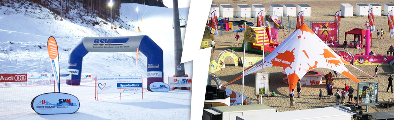 Schnee Sand Header Vergleich Vergleich zwischen einem Schnee-Sand Header auf einer Skipiste und einem Strand mit bunten Zelten und Aktivitäten.