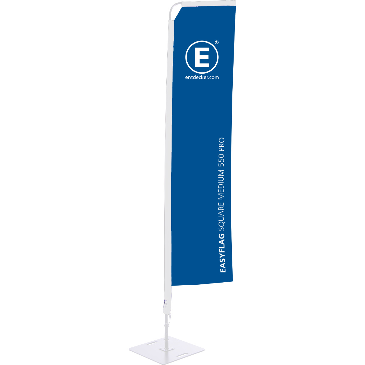 Rechteckige Beachflag von ENTDECKER in Blau mit dem Text EASYFLAG SQUARE MEDIUM 800 und Logo.