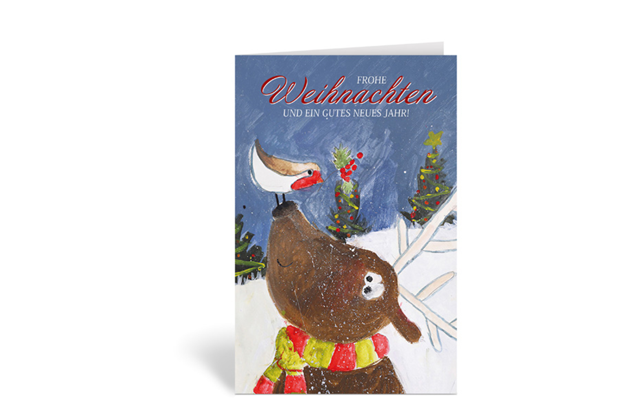 Weihnachtskarte mit einem gemalten Rentier, auf dessen Schnauze ein Rotkehlchen sitzt, Text: Frohe Weihnachten und ein gutes neues Jahr