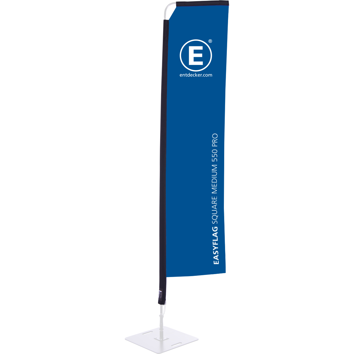 Rechteckige Beachflag von ENTDECKER in Blau mit dem Text EASYFLAG SQUARE MEDIUM 800 und Logo.