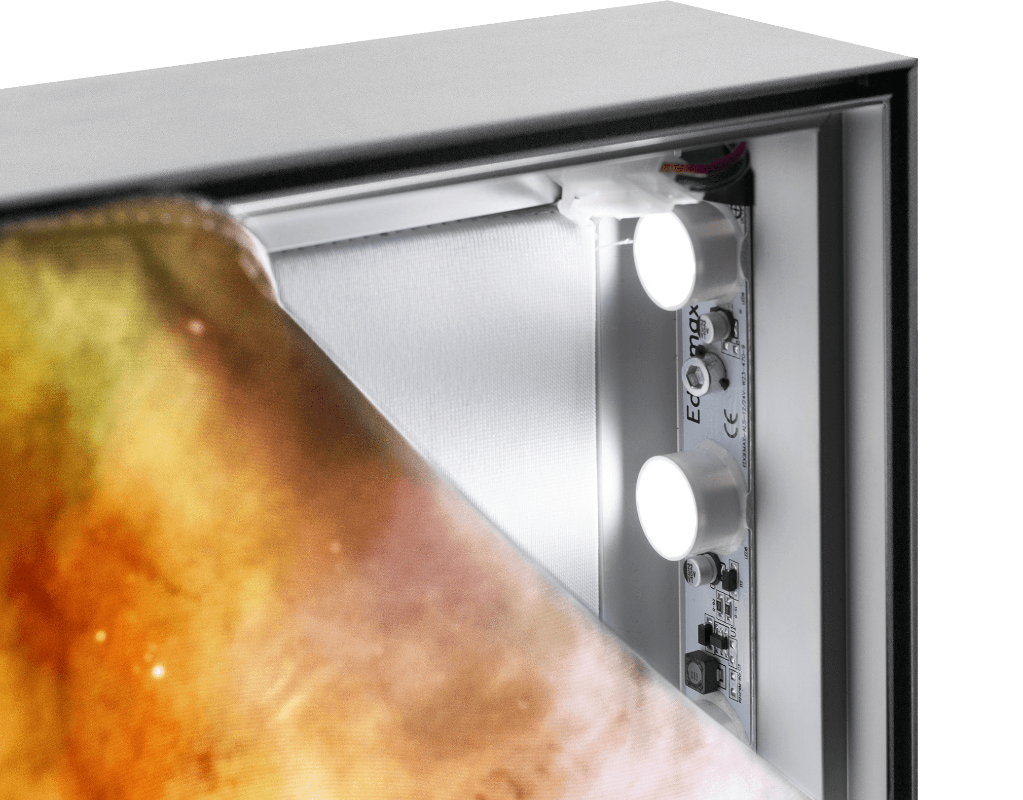 Messewand Easyframe LED Frame im Detail Detailansicht des LED-Rahmens der Messewand Easyframe von ENTDECKER, zeigt die integrierte Beleuchtung und Anschlüsse.