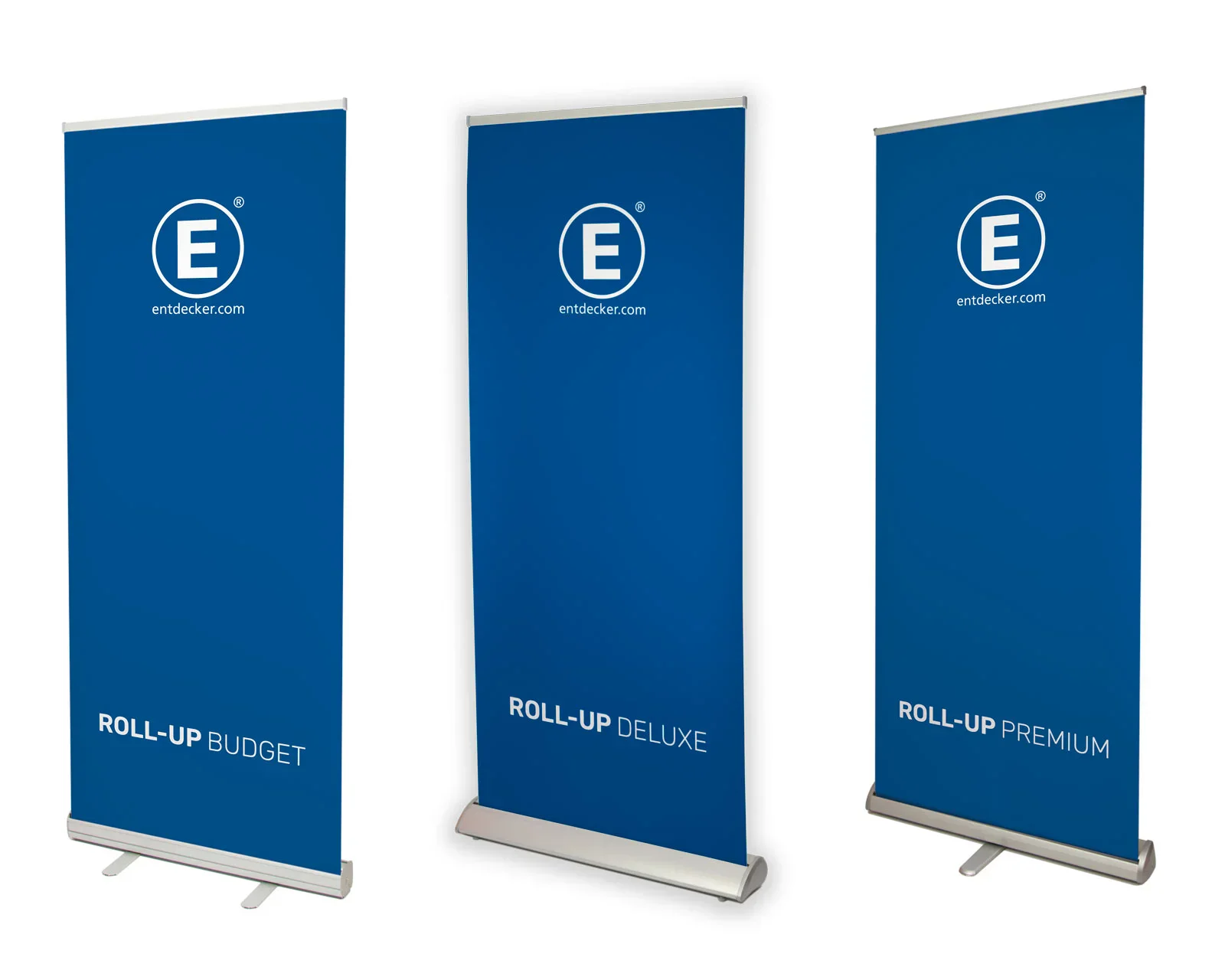 Zum Produkt "Rollups" Drei Rollups von ENTDECKER in Blau: Budget, Deluxe und Premium, jeweils mit dem Logo und der Website.