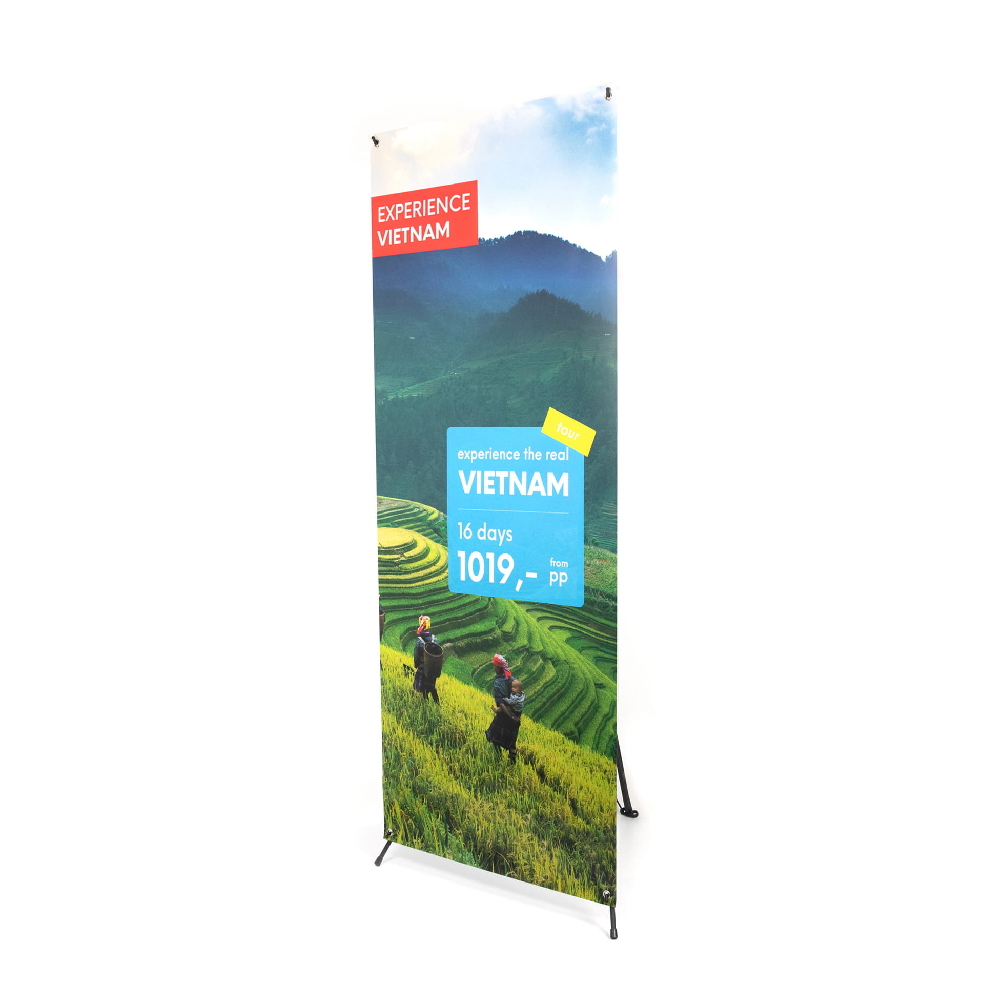x Banner bedruckt Detail Detailansicht eines X Banners mit grünem Grasdesign, zeigt die Befestigung und den Standfuß.