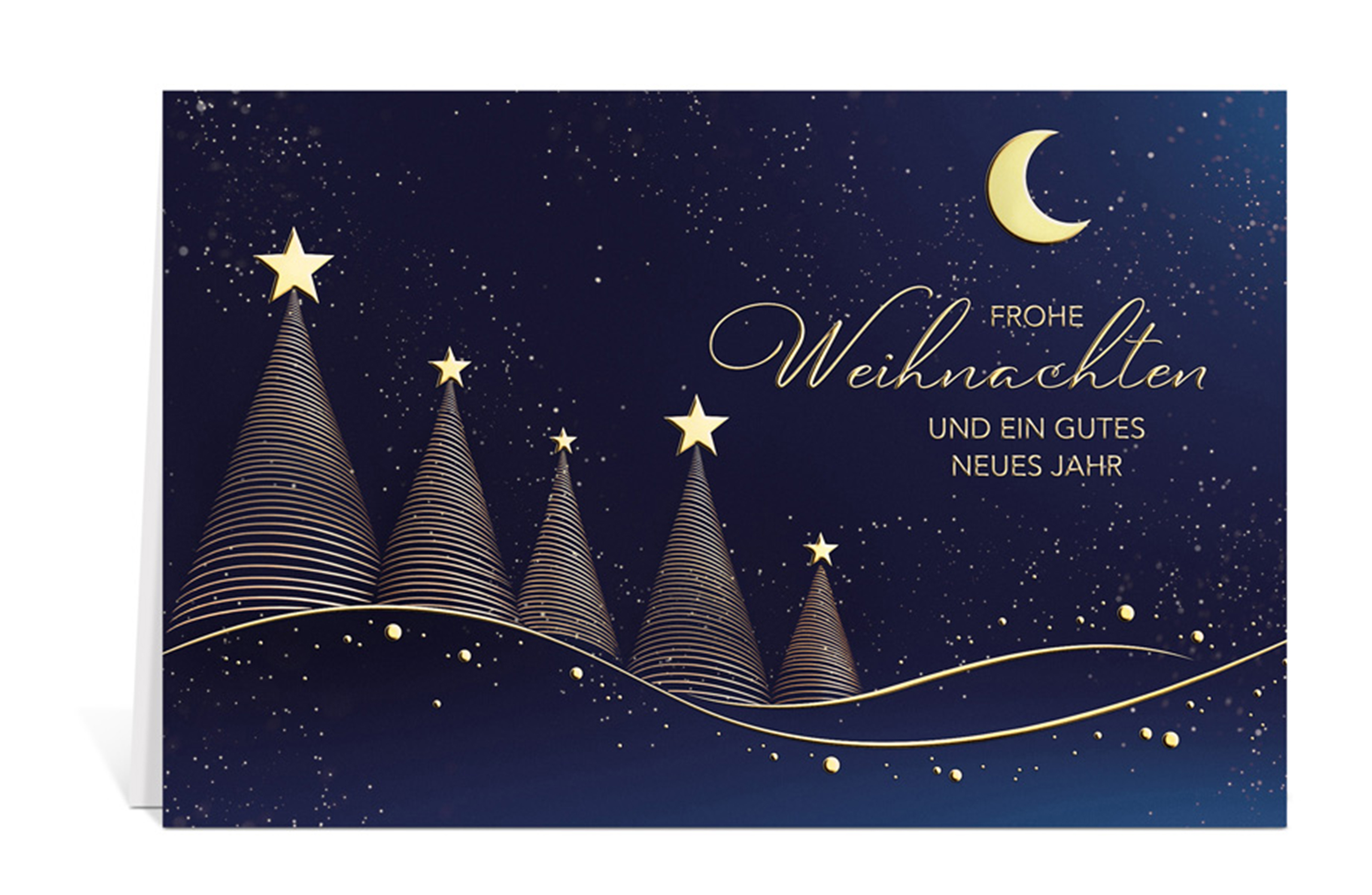 Blaue Weihnachtskarte mit goldenen Weihnachtsbäumen und Text: Frohe Weihnachten und ein gutes neues Jahr