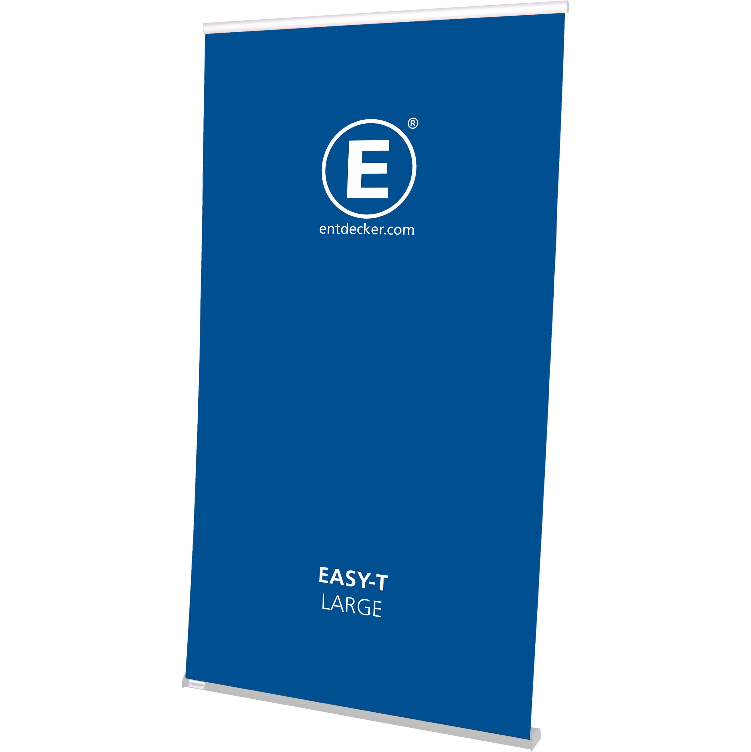 Easy T Stoff Blockout Large Rollup Banner von ENTDECKER mit blauem Stoff, beschriftet mit EASY-T LARGE und Logo.