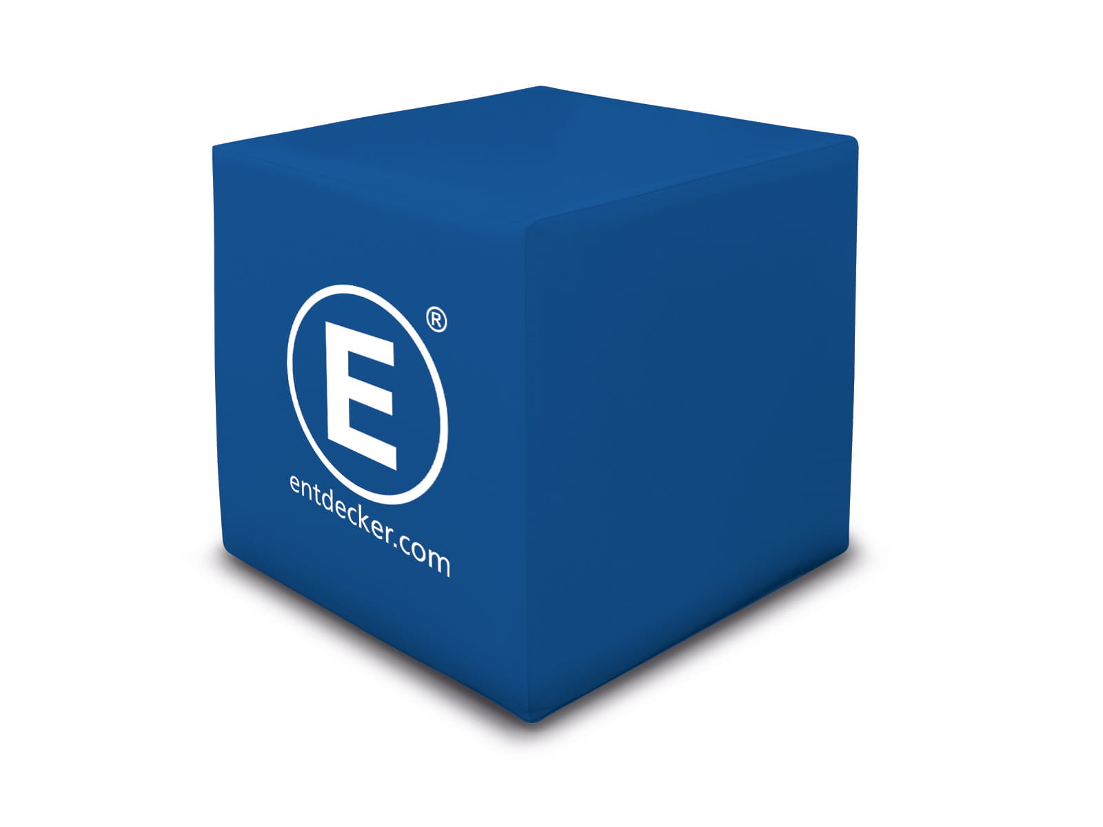Bedruckter Sitzwürfel Blauer Sitzwürfel mit dem Logo von ENTDECKER und der Website entdecker.com auf einer Seite.