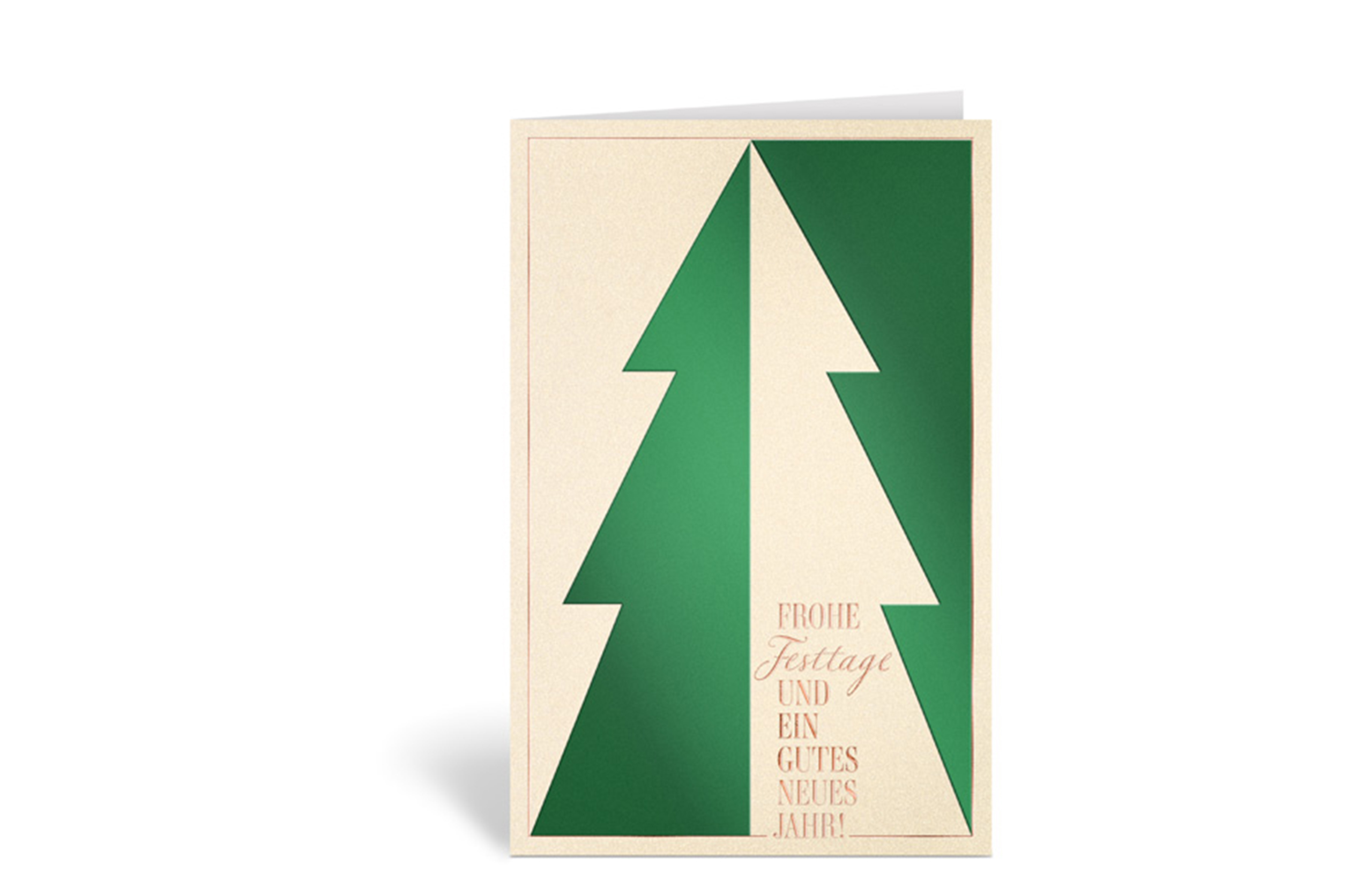 Weihnachtskarte mit einem Tannenbaum, der auf der einen Seite beige und auf der einen Seite grün ist, der Hintergrund ist entsprechend andersherum mit dem Text: Frohe Festtage und ein gutes neues Jahr