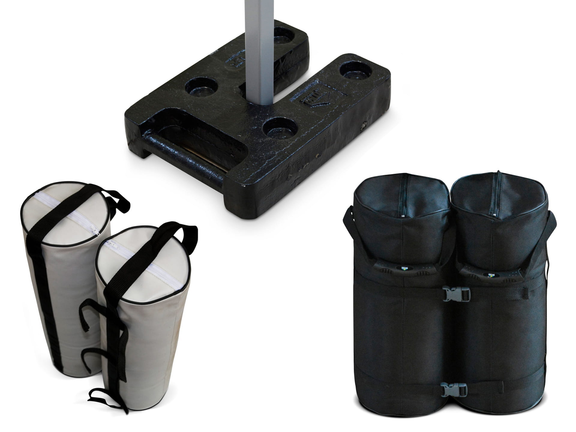 Gewicht Set Sand für Faltzelte Octa Zwei graue Sandgewichte mit schwarzen Tragegriffen für Faltzelte, geeignet für Stabilität bei Wind.