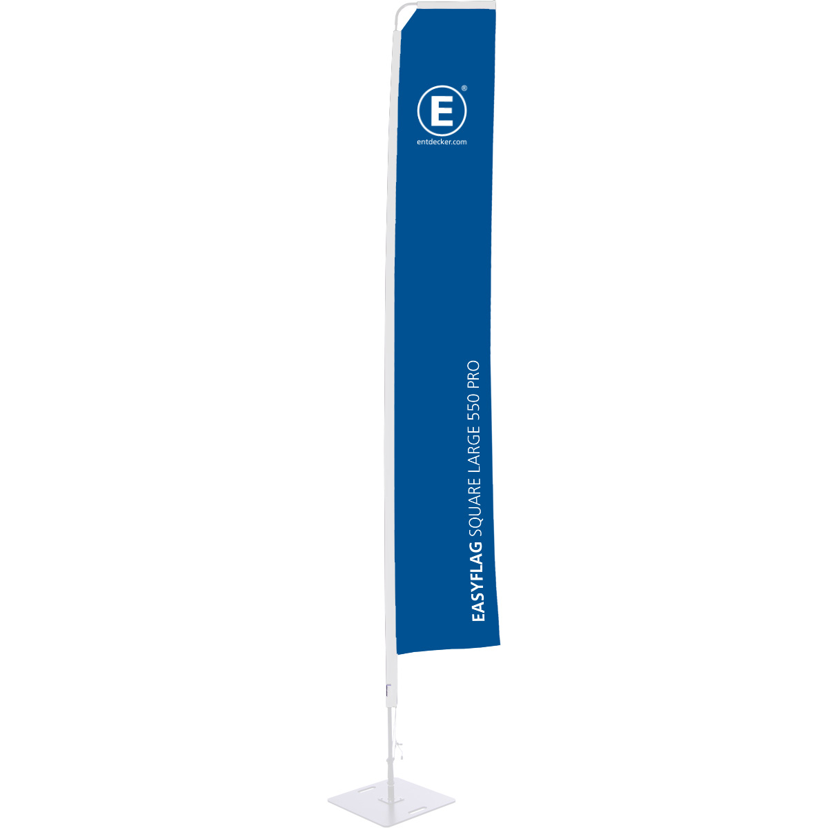 Rechteckige Beachflag von ENTDECKER in Blau mit dem Text EASYFLAG SQUARE MEDIUM 800 und Logo.