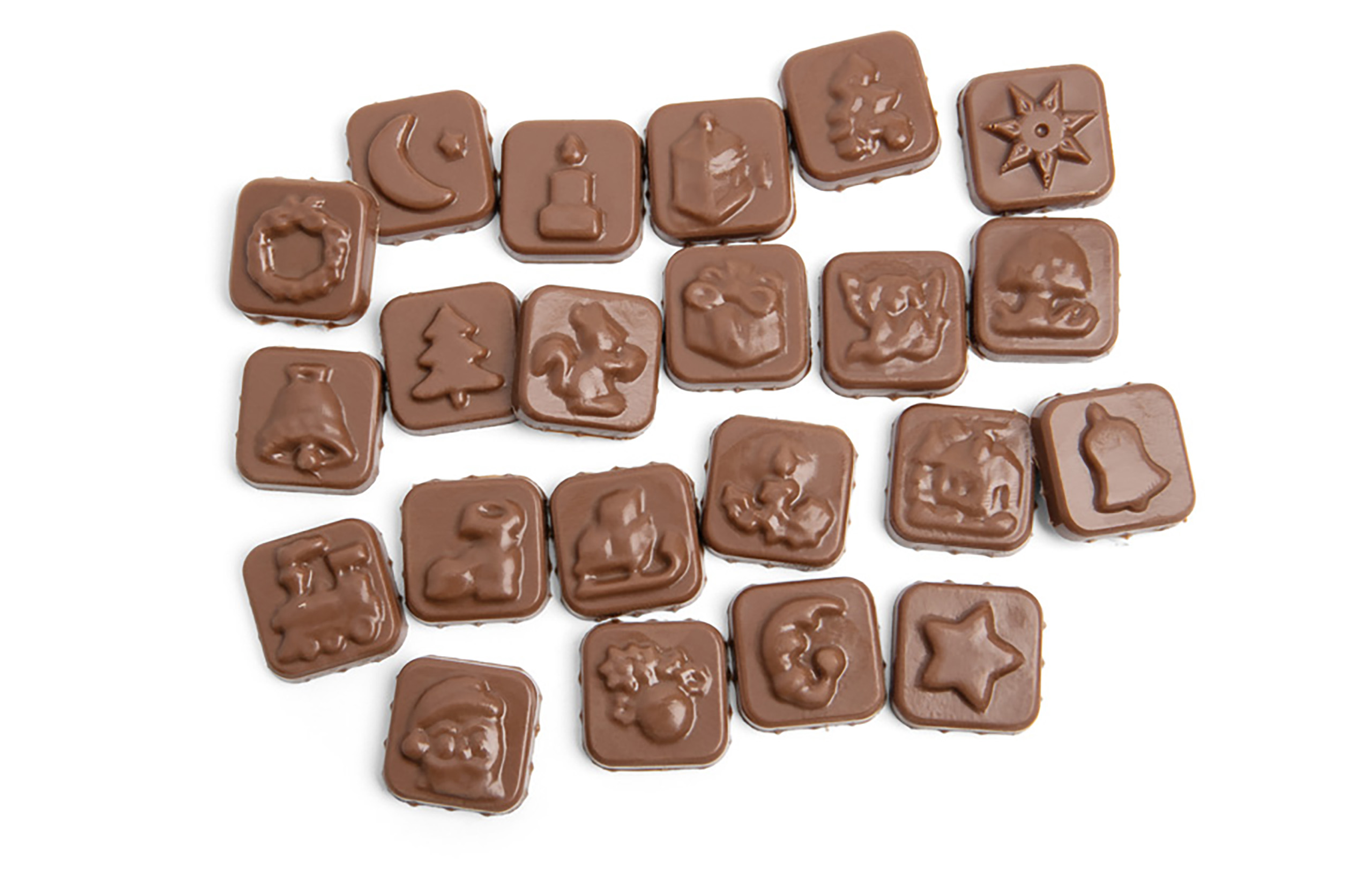 Einzelne Schokoladenstücke aus Vollmilchschokolade mit geprägten weihnachtlichen Motiven wie Stern, Tannenbaum, Glocke, Geschenk und Nikolaus.
