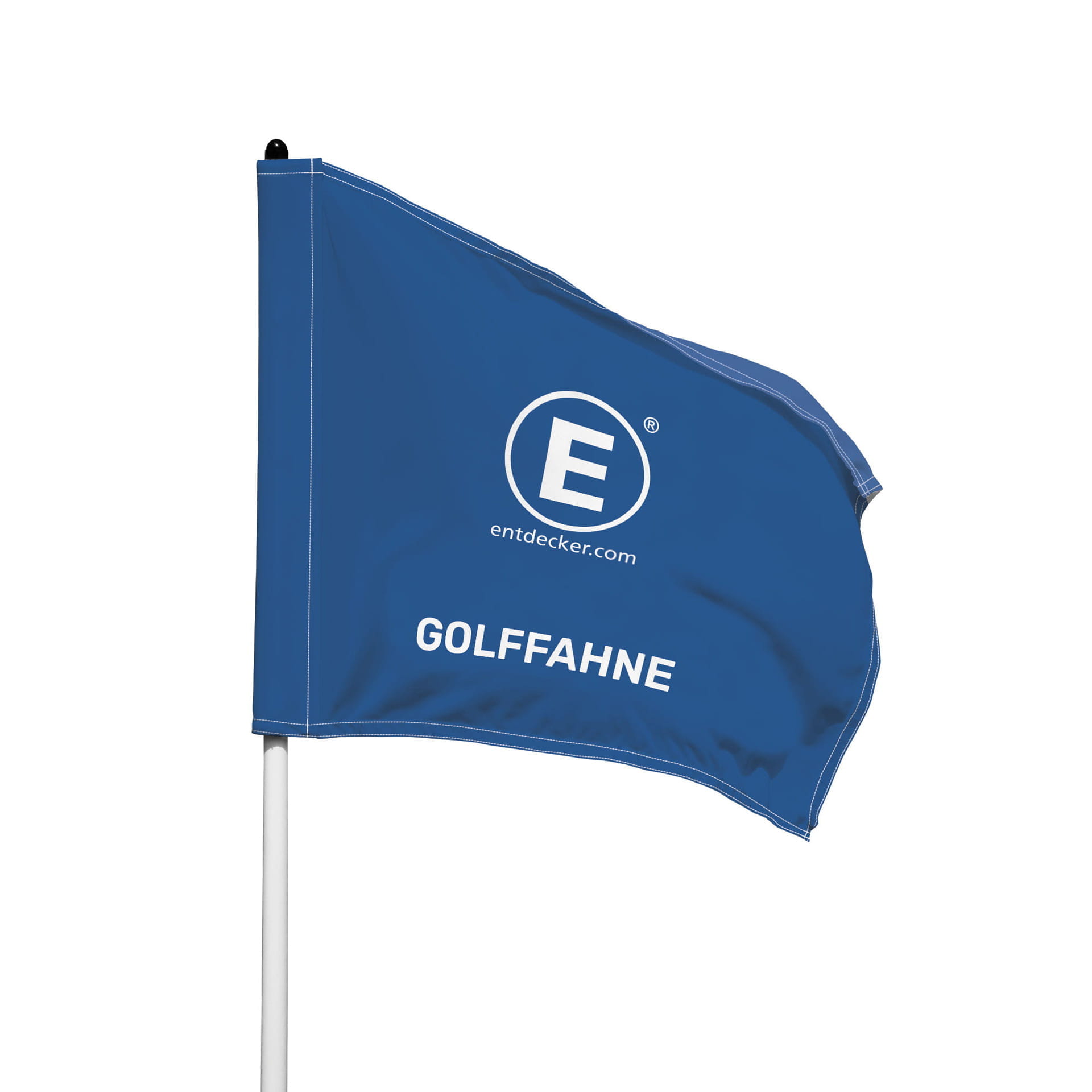 Golffahne bedruckt Blaue Golffahne mit dem Text GOLFFAHE und dem Logo von ENTDECKER.