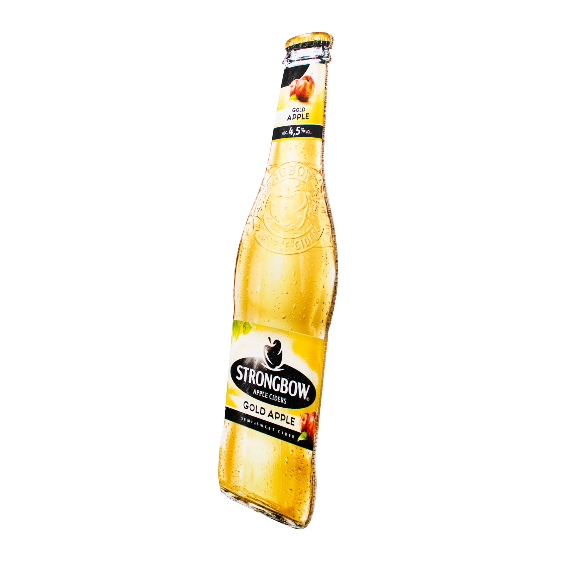 Wabenkarton Reboard Flasche Breit Flasche Strongbow Gold Apple Cider, 0,5 l, mit Wassertropfen auf der Oberfläche.