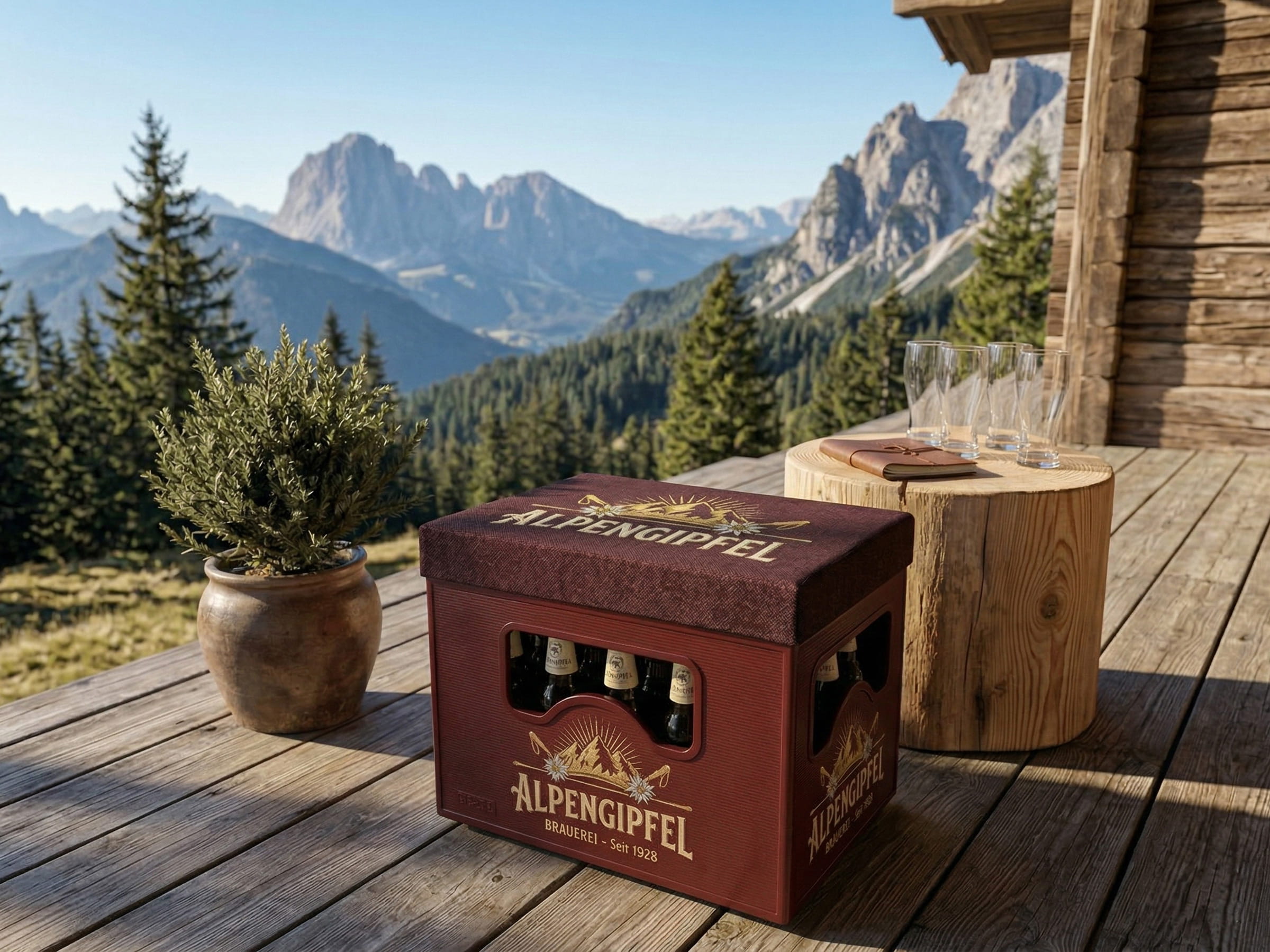 Bierkastensitz Aplpengipfel auf einer Holzterrasse in den Bergen