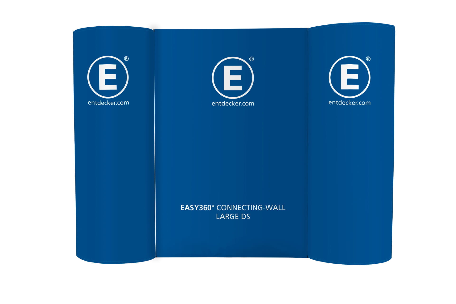 Messesystem Messewand Easy360 Messesystem Messewand Easy360 in Blau mit dem Schriftzug EASY360 CONNECTING-WALL LARGE DS und dem Logo von ENTDECKER.