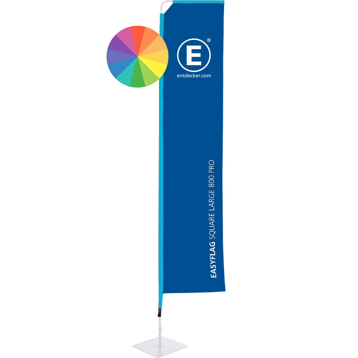 Rechteckige Beachflag von ENTDECKER in Blau mit dem Text EASYFLAG SQUARE MEDIUM 800 und Logo.