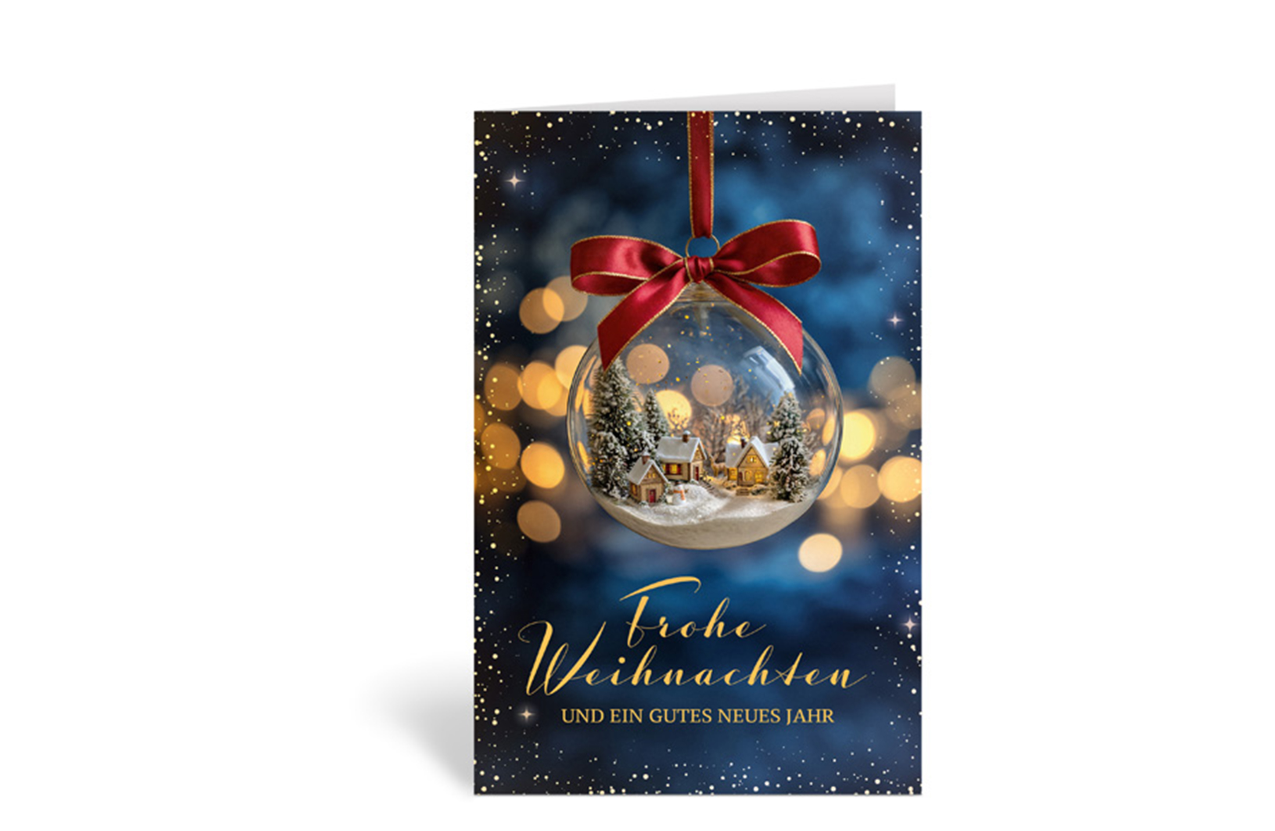 Weihnachtskarte mit einer klaren Weihnachtskugel und einem winterlichen Dorf innendrin, darunter der Text: Frohe Weihnachten und ein gutes neues Jahr