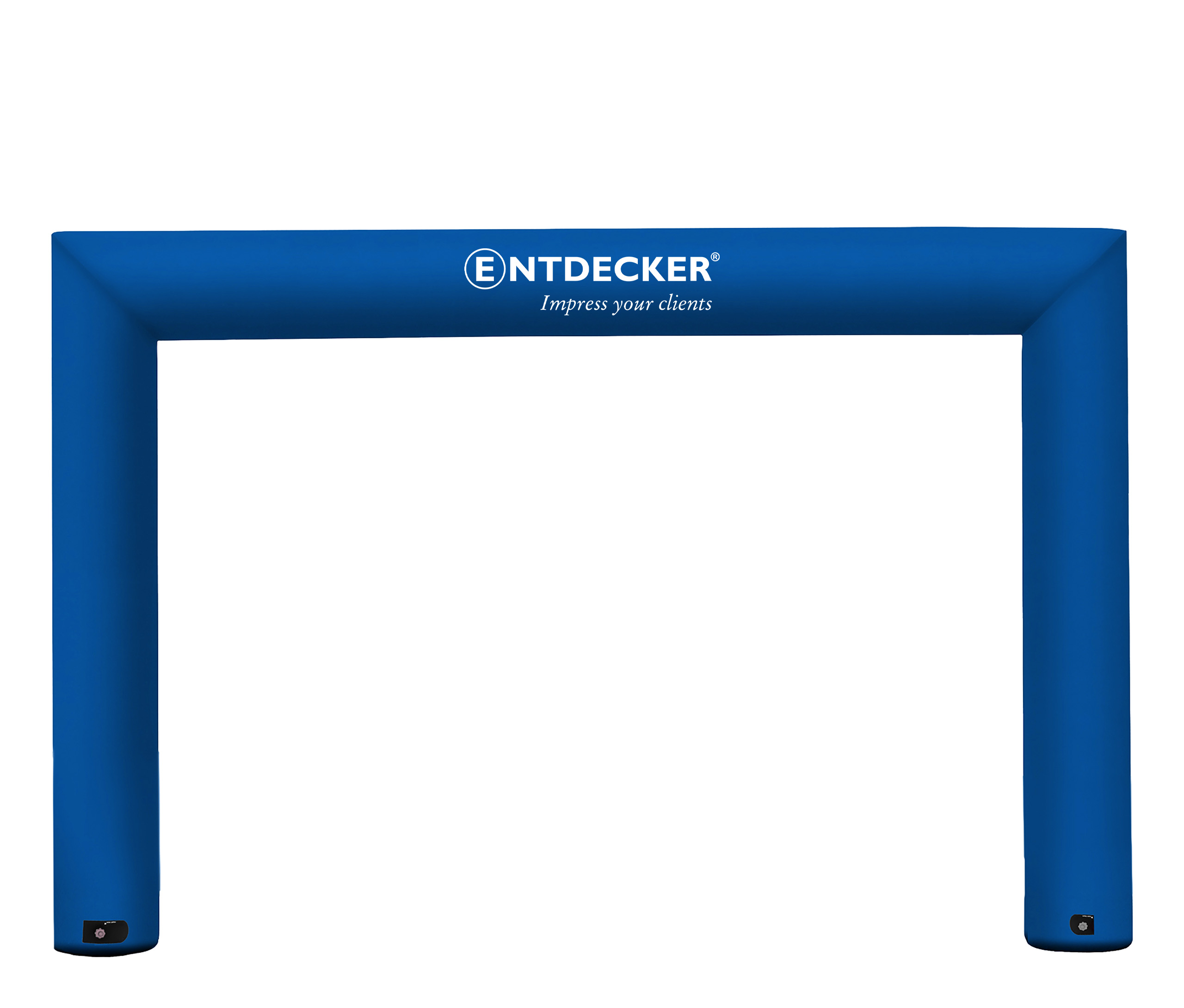 Aufblasbarer Torbogen Pascal rechteckig, blau bedruckt mit weißem Entdecker Logo