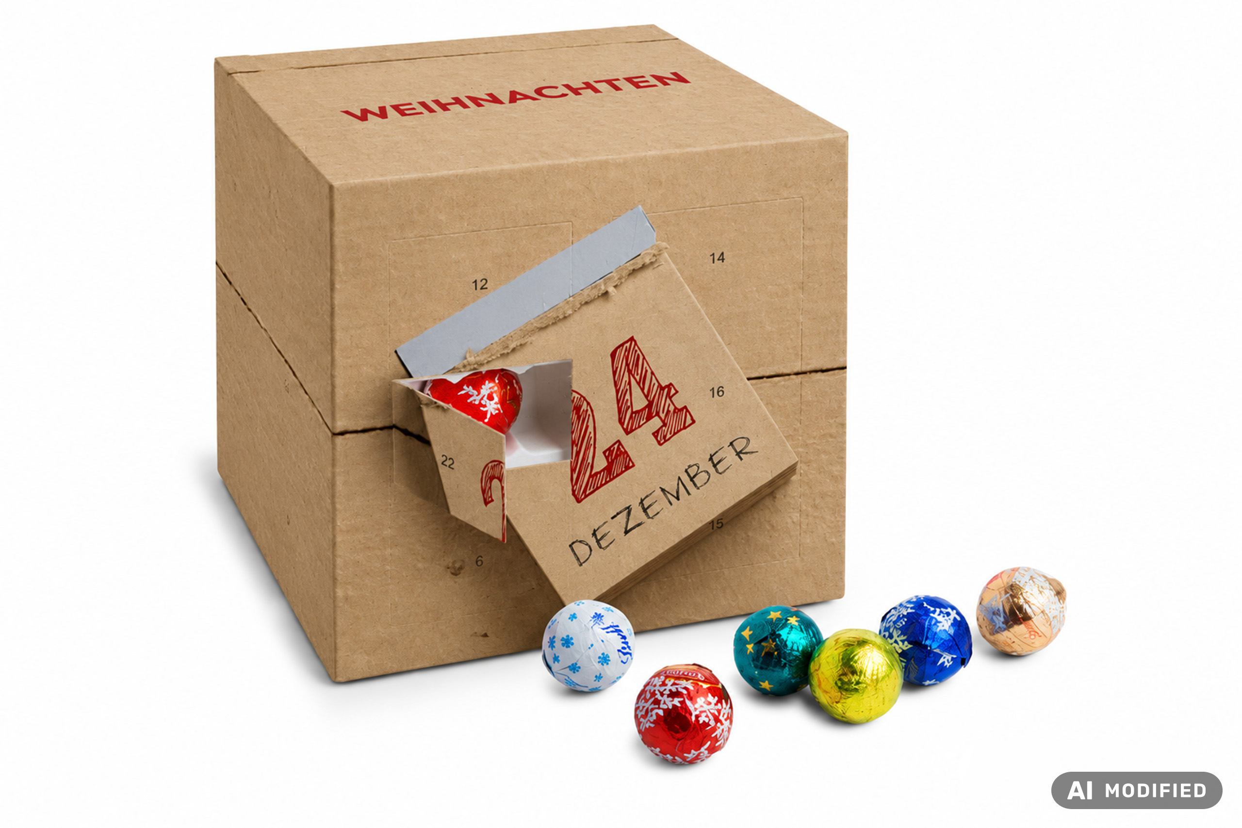 Würfelförmiger Adventskalender, der in einer natürlicher Kartonoptik bedruckt ist, mit geöffnetem Türchen und Lindt Minis.