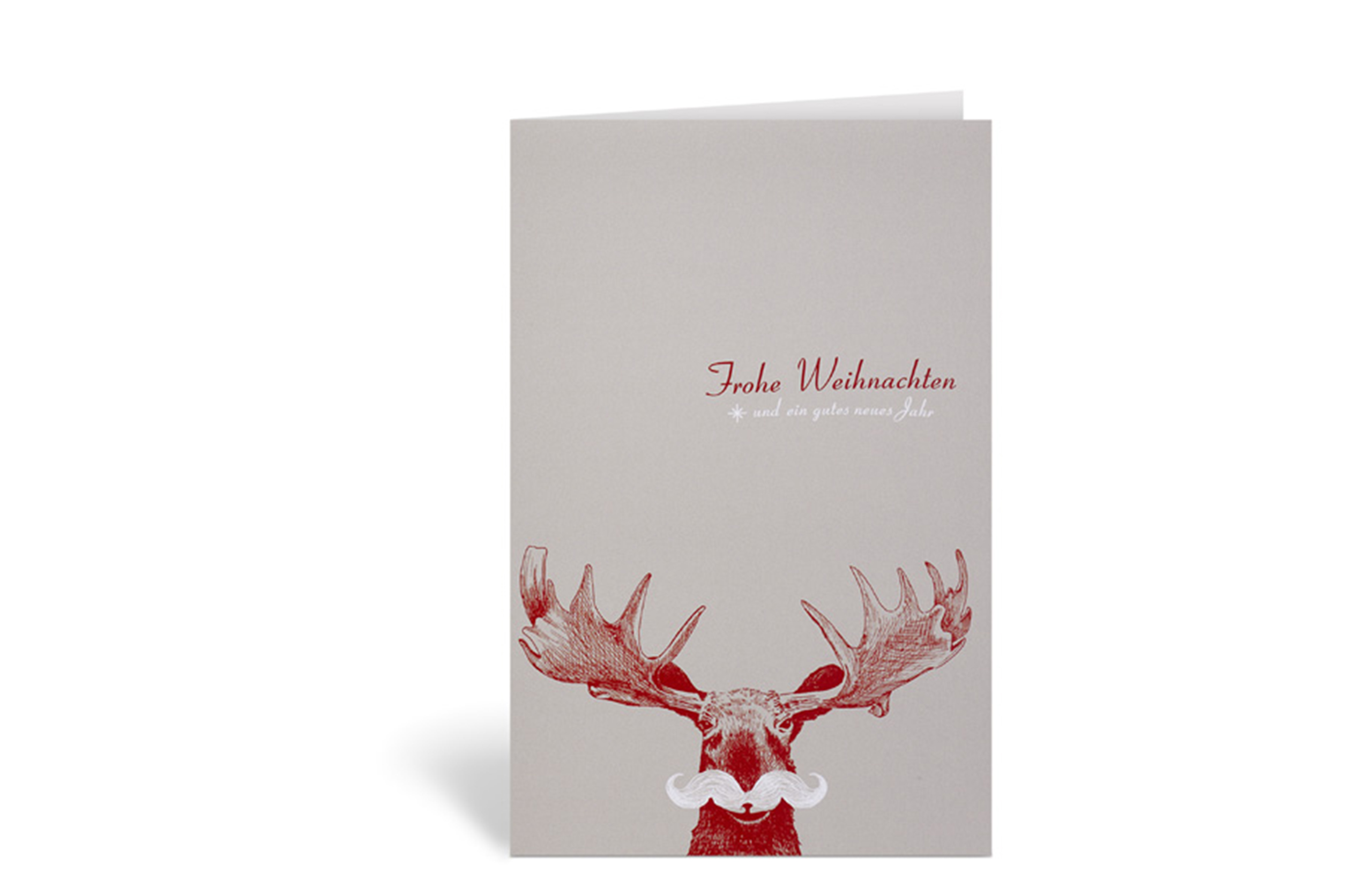 Weihnachtskarte mit einem roten Elch, der einen weißen Schnurrbart hat, mit dem Text: Frohe Weihnachten und ein gutes neues Jahr