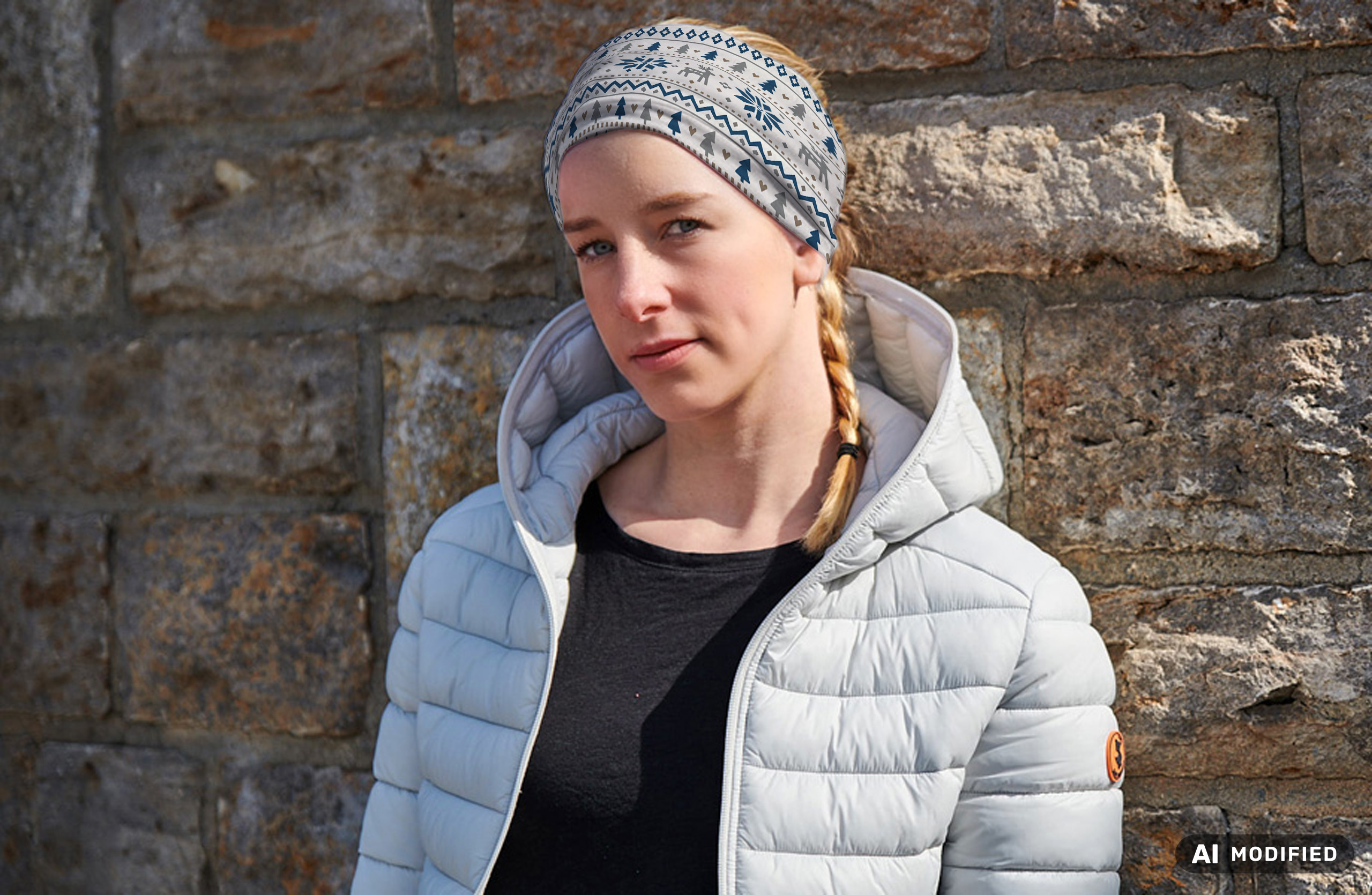 Frau trägt ein winterlich gemustertes Multifunktionstuch als Stirnband bei einer Outdoor-Aktivität vor einer Natursteinmauer.