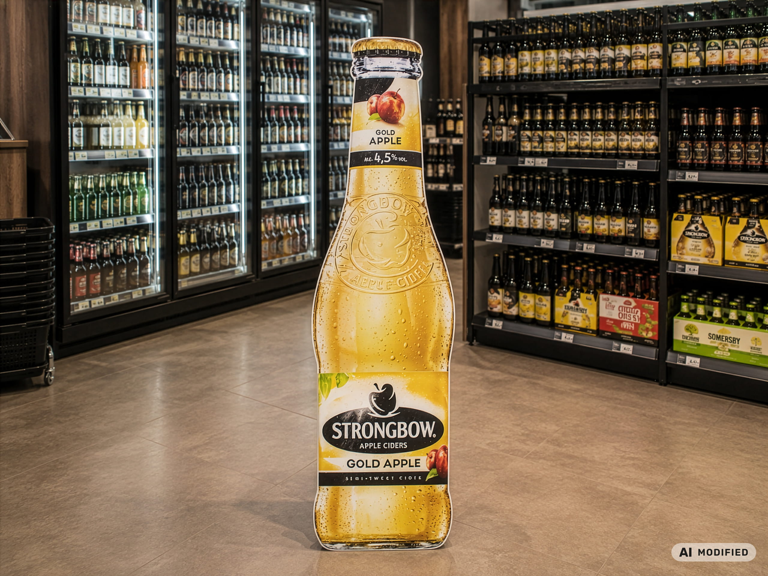 Ein Wabekarton-Aufsteller in Form einer Flasche steht in einem Getränkeladen