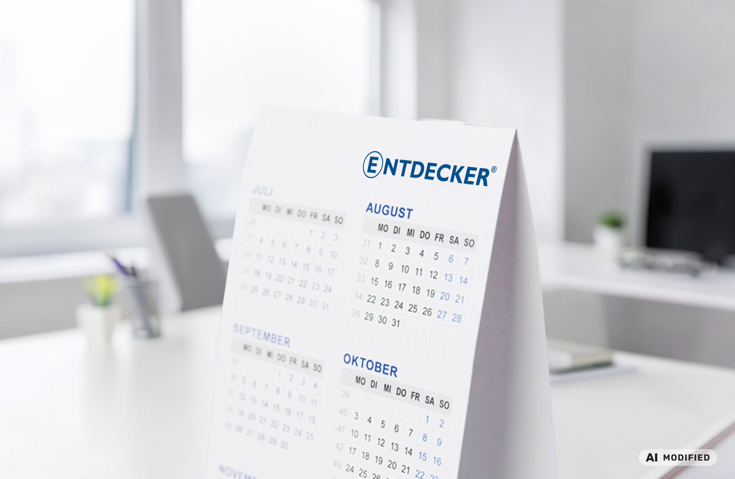Tischkalender aus Papier steht auf einem Schreibtisch