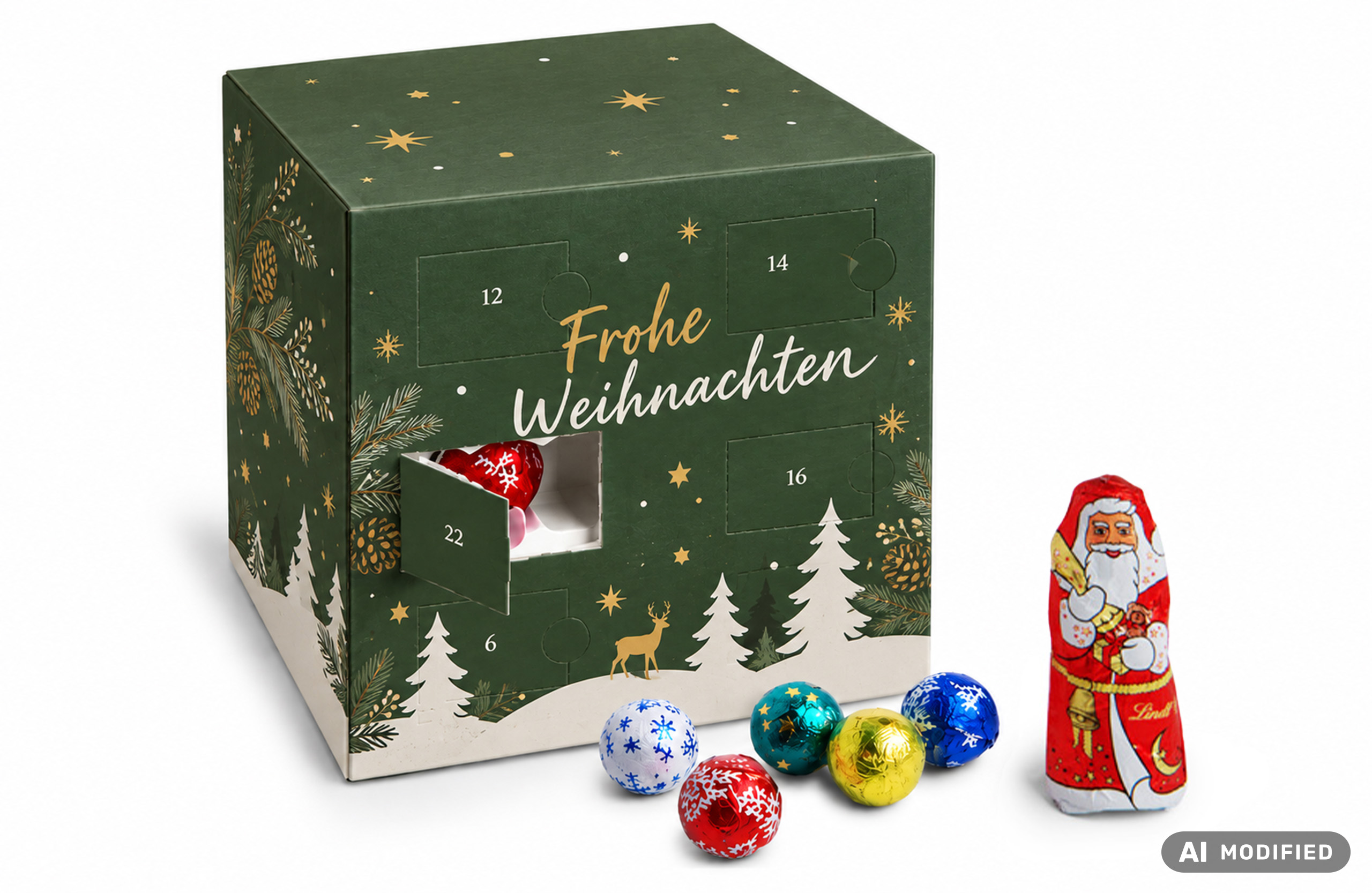 Grüner würfelförmiger Adventskalender im weihnachtlichen Design mit Lindt Minis und Lindt Weihnachtsmann.