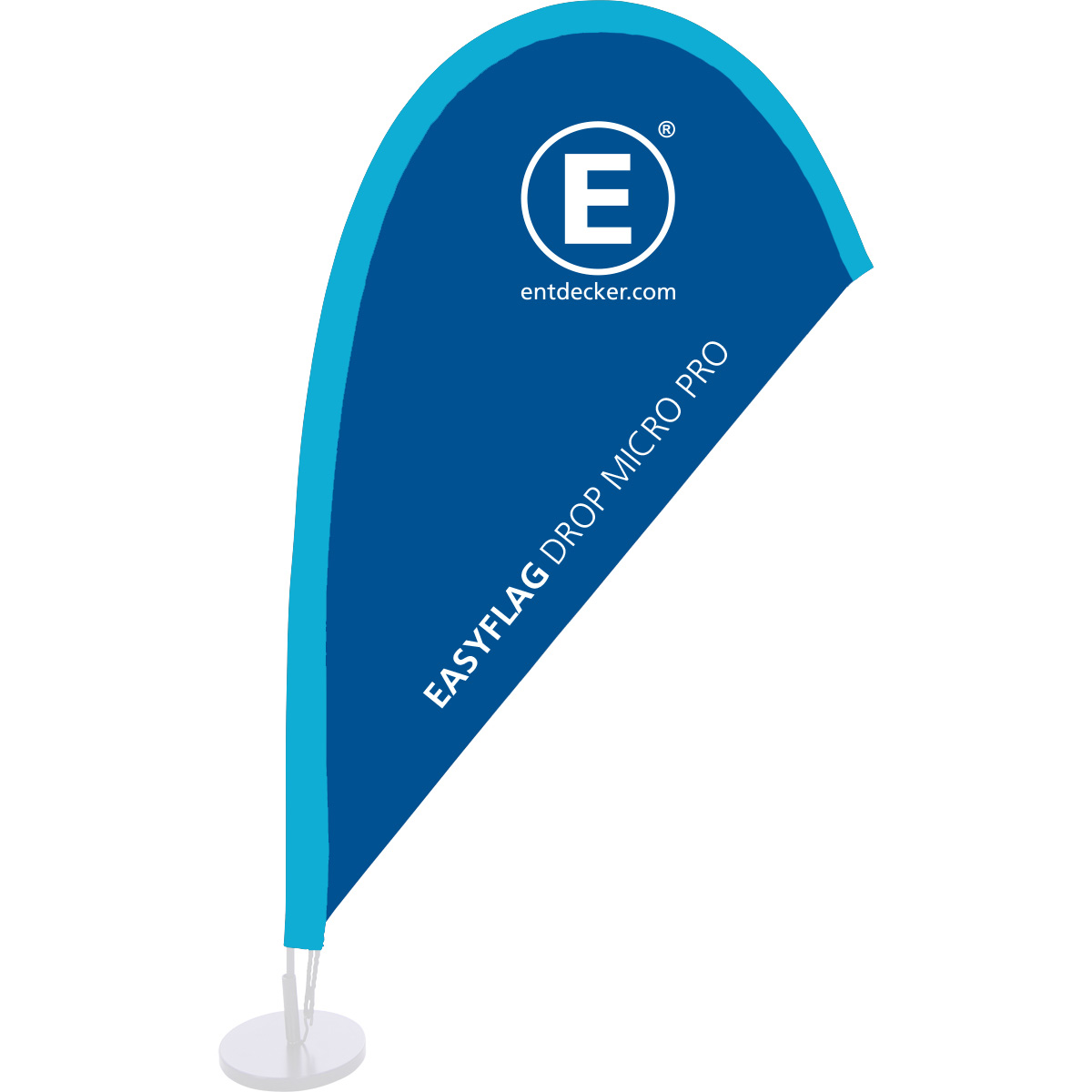 Tischaufsteller Beachflag Easyflag Micro in Blau mit schwarzem Rand, auf einem runden Sockel.