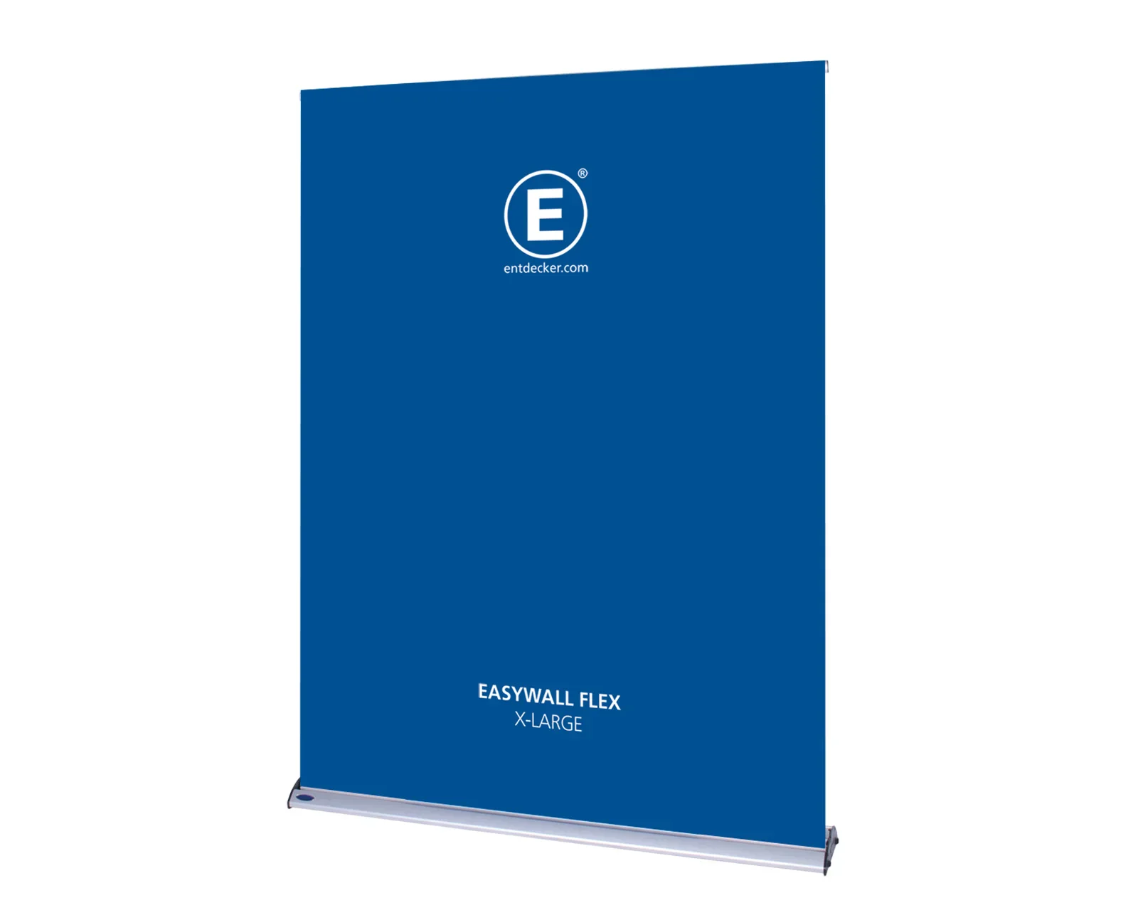 Zum Produkt "Easywall Flex" Messestand mit blauer Hintergrundwand 'EASYWALL FLEX X-LARGE' von ENTDECKER, mit Logo.