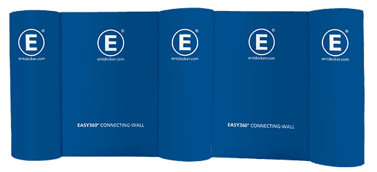 Messestand Easy360 Oval Connecting Wall 2 Wände Messestand Easy360 Oval Connecting Wall mit zwei Wänden in Blau, mit dem Logo von ENTDECKER.