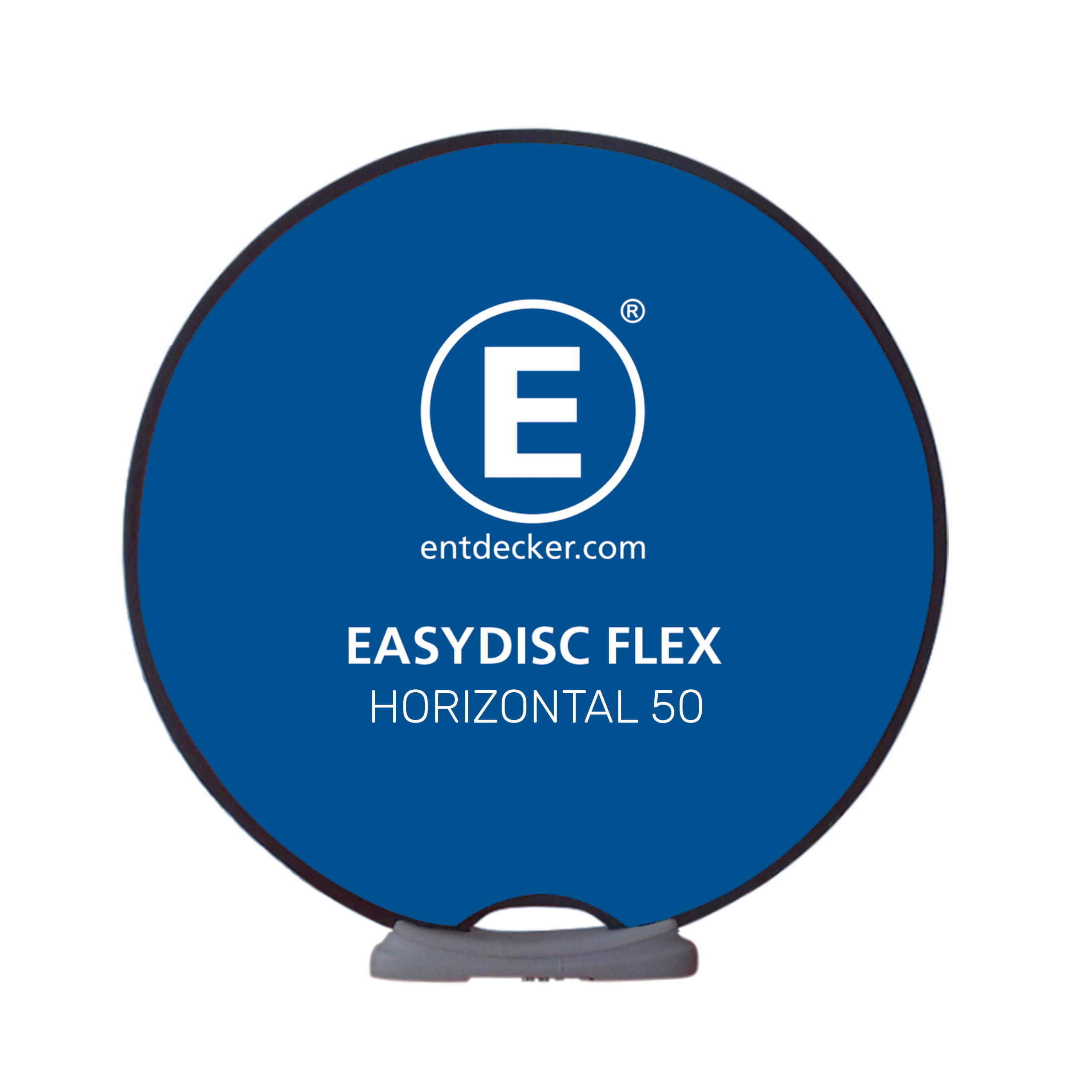 Easydisc Flex Set Horizontal 50 Magnete Werbedisplay Easydisc Flex Set Horizontal 50 mit blauer Oberfläche und weißem Text, steht auf einem stabilen Fuß.