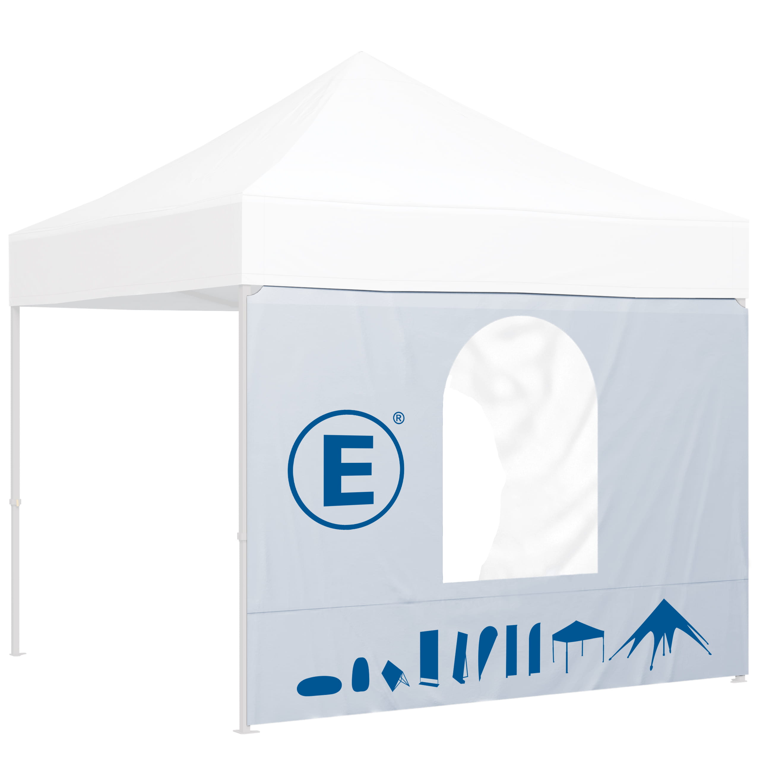 Zelt Wand mit Bogenfenster 3m B1 mit Volldruck Zeltwand mit Bogenfenster, 3m breit, Volldruck, in hellblau mit Logo E und grafischen Symbolen.
