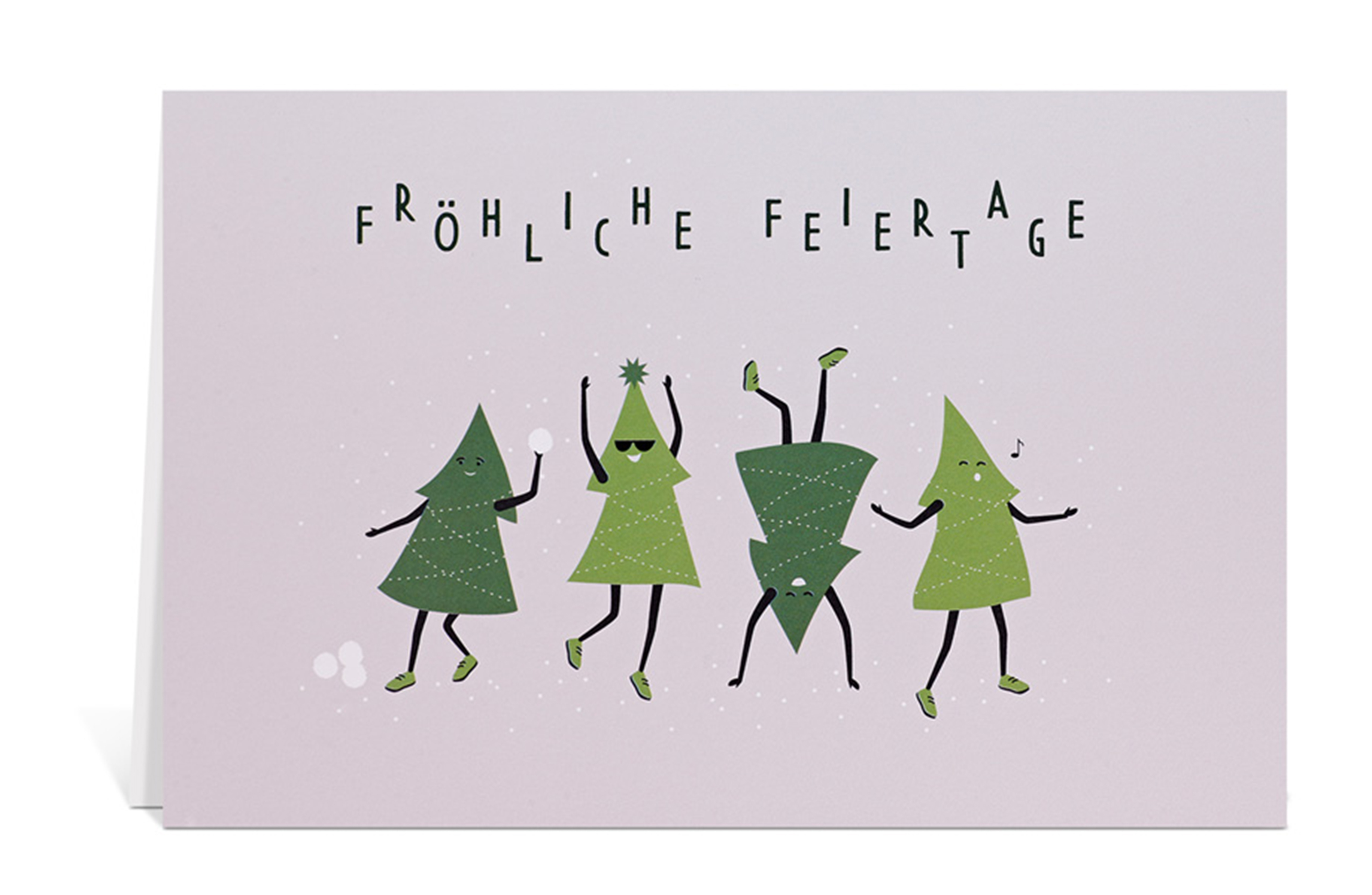 Weihnachtskarte mit stilisierten tanzenden Weihnachtsbäumen und der Aufschrift: Fröhliche Feiertage