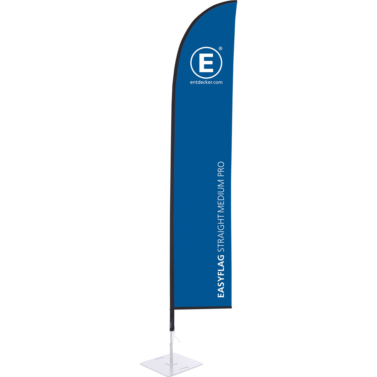 Beachflag in Segelform, einseitig bedruckt, von der Marke ENTDECKER, mit blauem Design und dem Schriftzug EASYFLAG STRAIGHT MEDIUM PRO.
