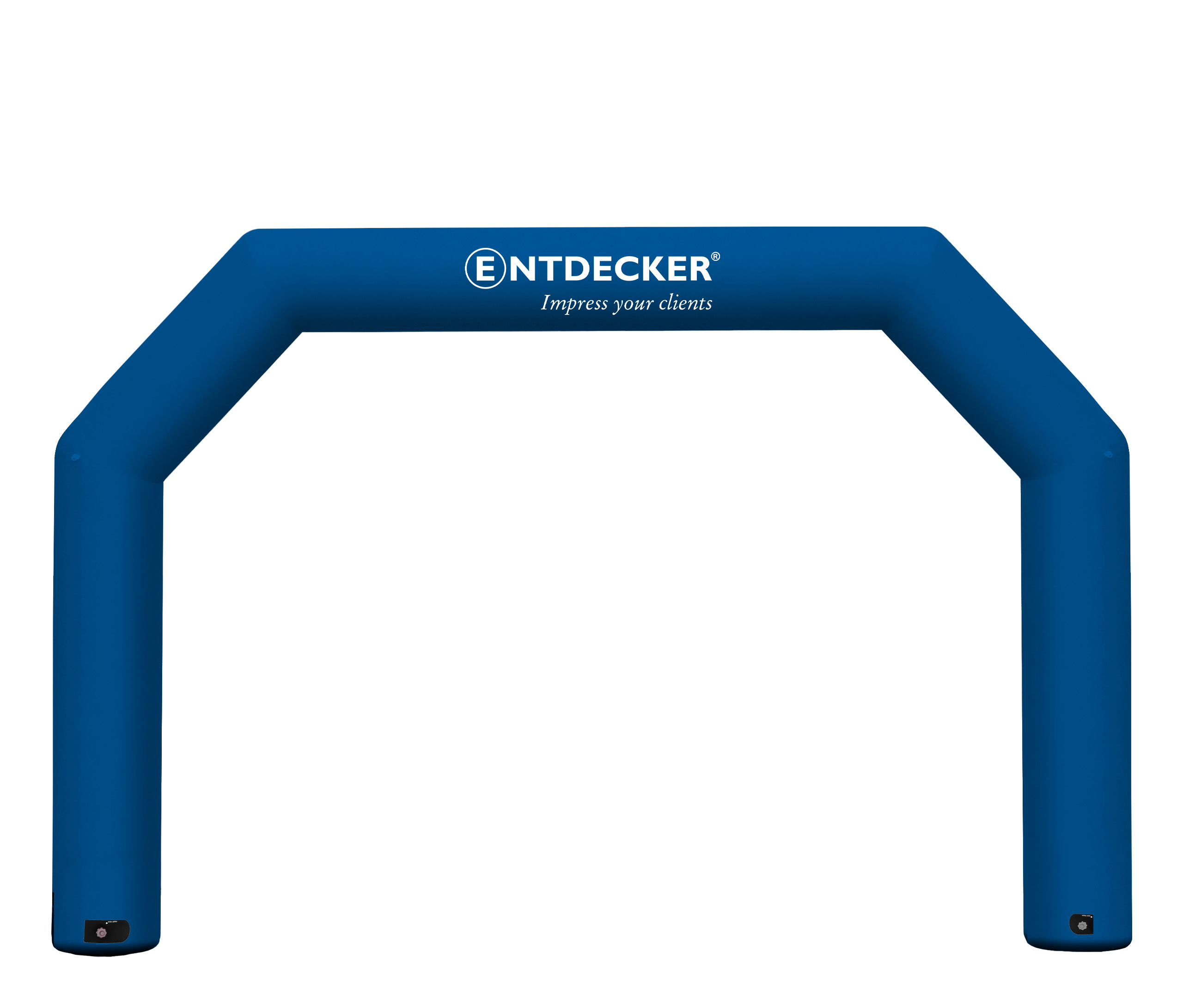Aufblasbarer Torbogen Pascal polygonal, blau bedruckt mit weißem Entdecker Logo