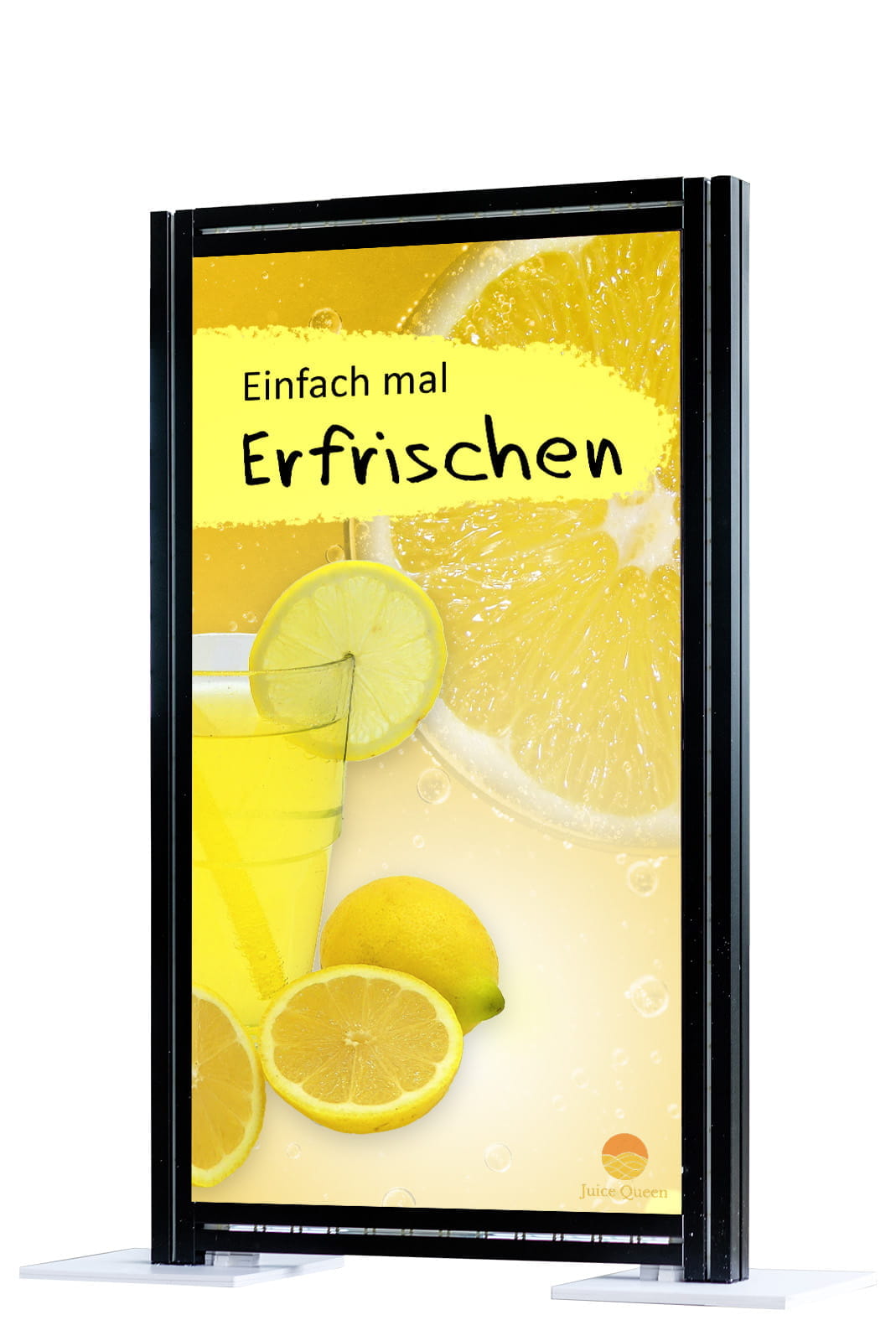 Inhaker Aufsteller Inhaker Aufsteller mit dem Text 'Einfach mal Erfrischen' und einem Bild von Zitronen und einem Getränk.