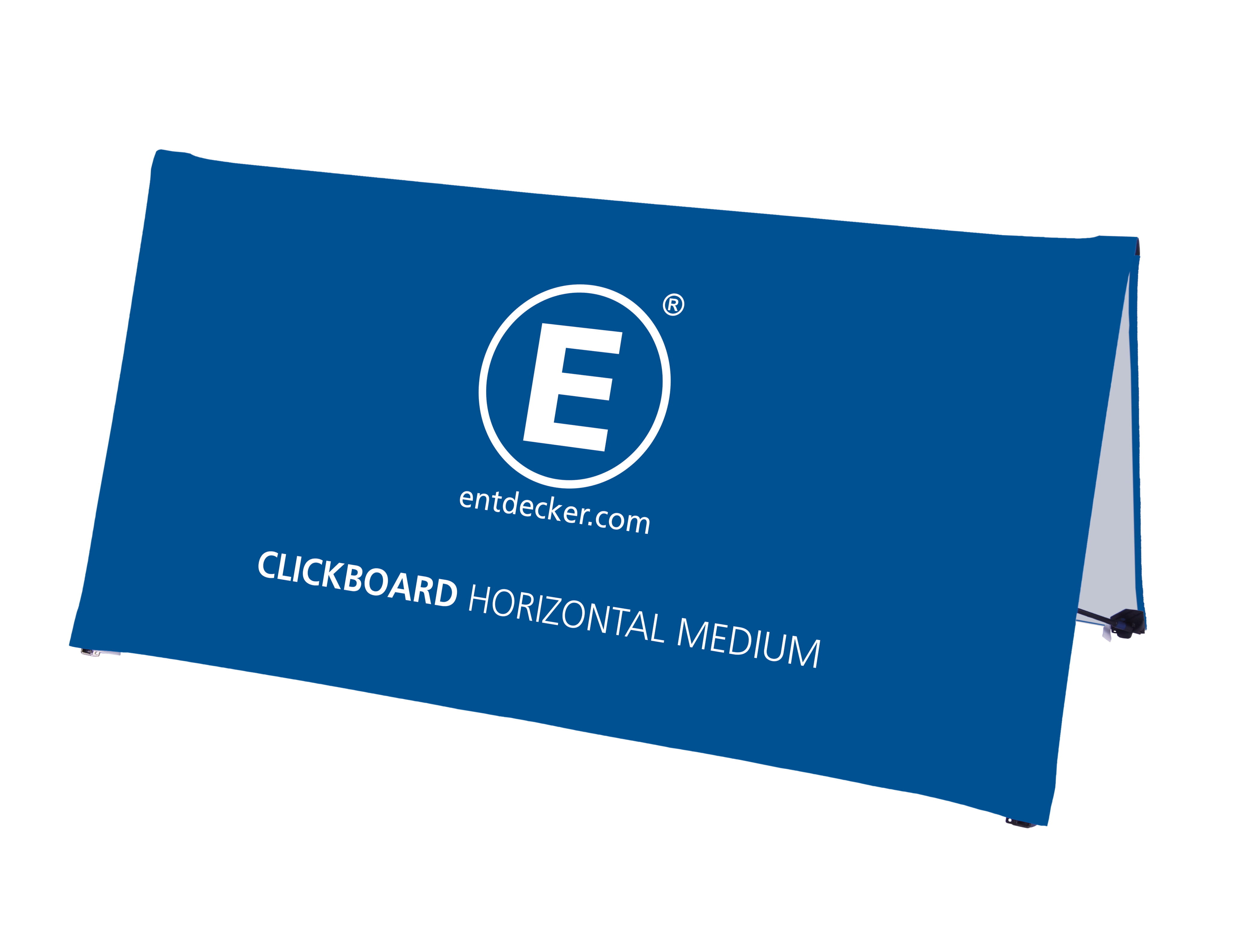 Clickboard Horizontal Entdecker Horizontale Werbebande in Blau mit dem Text 'CLICKBOARD HORIZONTAL MEDIUM' und dem Logo von ENTDECKER.