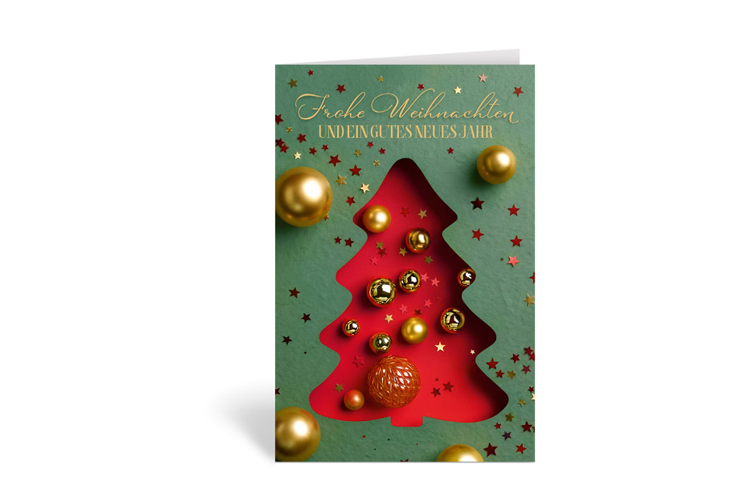 Grüne Weihnachtskarte mit einem roten Tannenbaum und goldenen Kugeln, und dem Text: Frohe Weihnachten und ein gutes neues Jahr