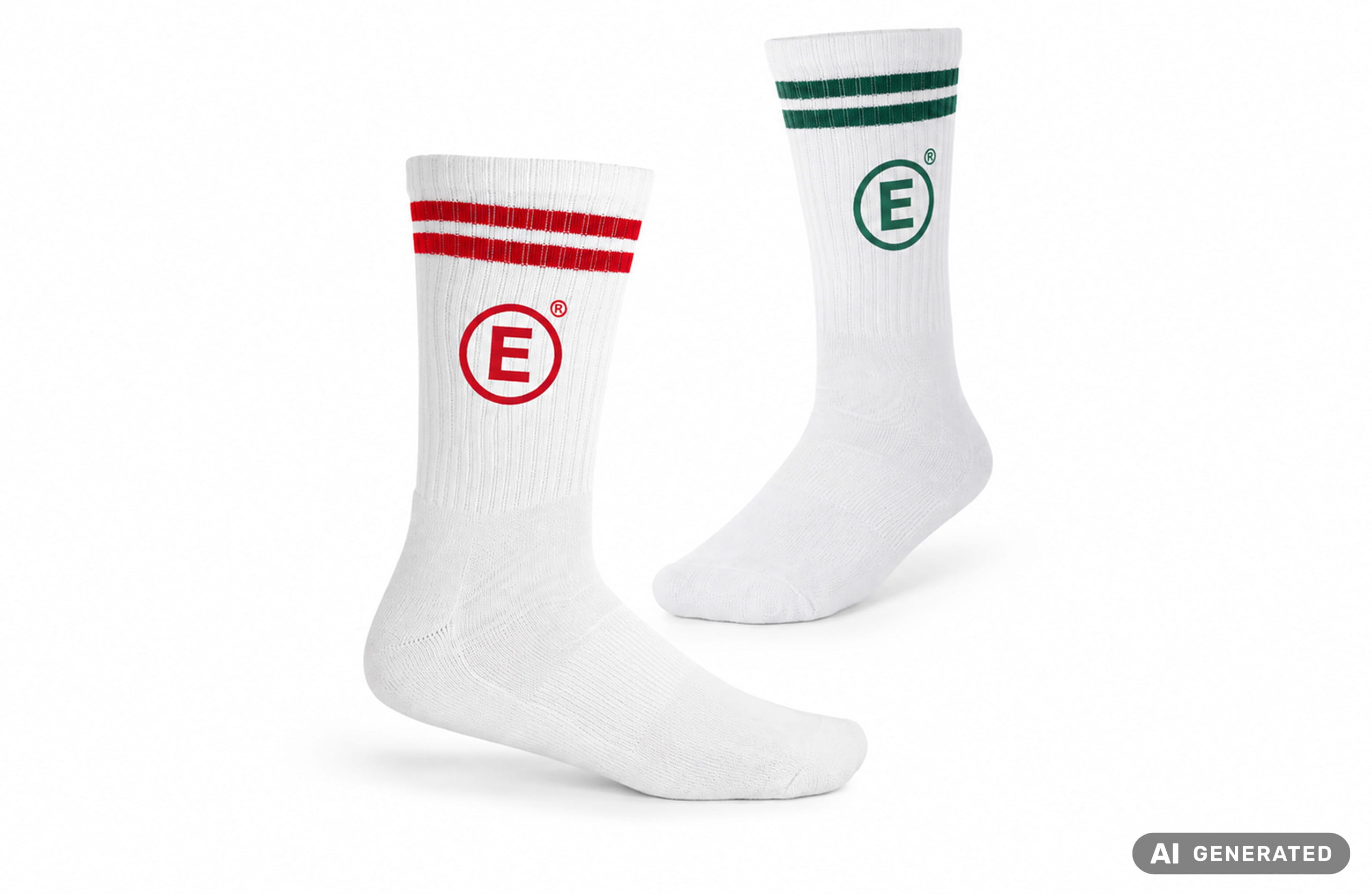 Zwei nebeneinander dargestellte Tennissocken, eine mit roten Streifen am Bund und rotem Aufdruck und eine mit grünen Streifen am Bund und grünem Audruck.