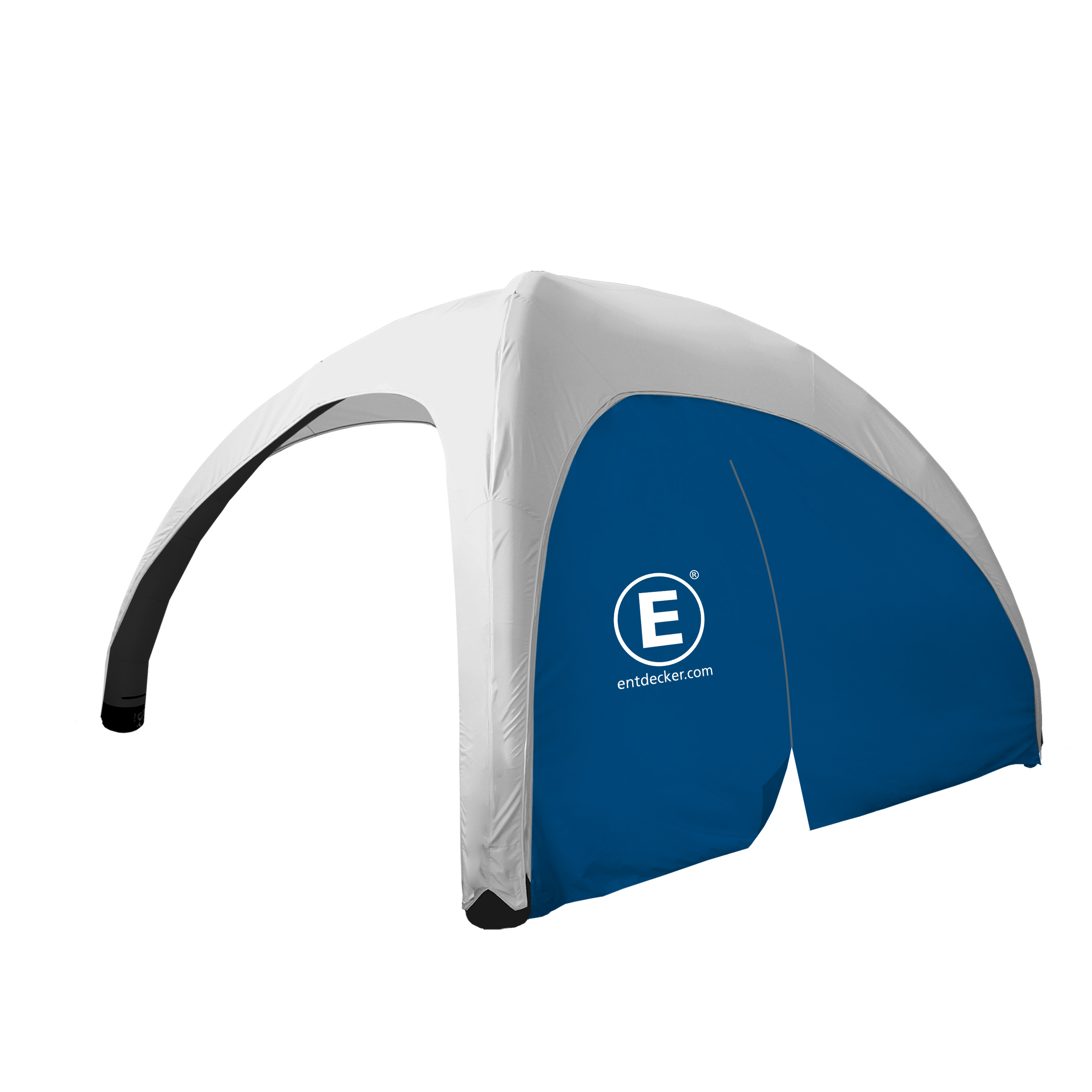 Seitenwand mit Tür für aufblasbares Zelt Pascal, blau bedruckt mit Entdecker Logo