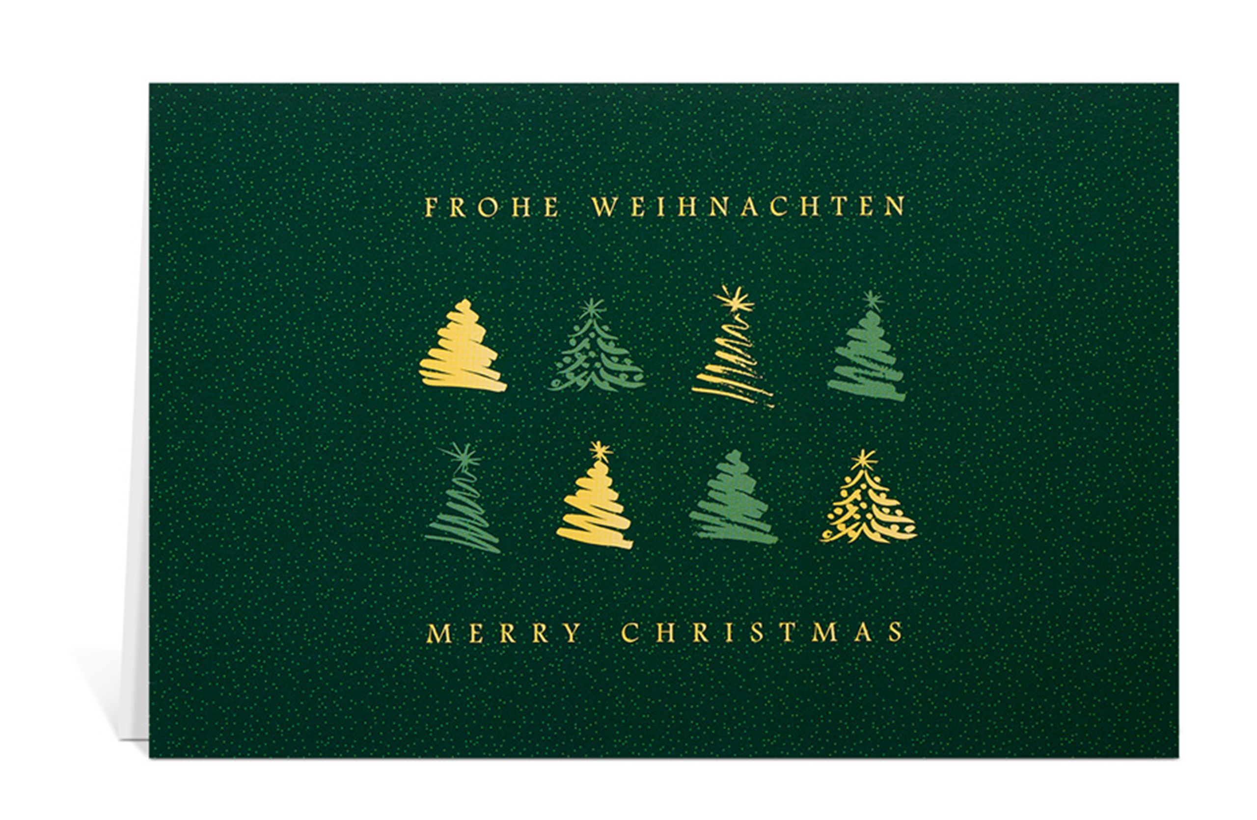 Grüne Weihnachtskarte mit stilisierten Tannenbäumen in Gold und Hellgrün, sowie dem Text: Frohe Weihnachten - Merry Christmas