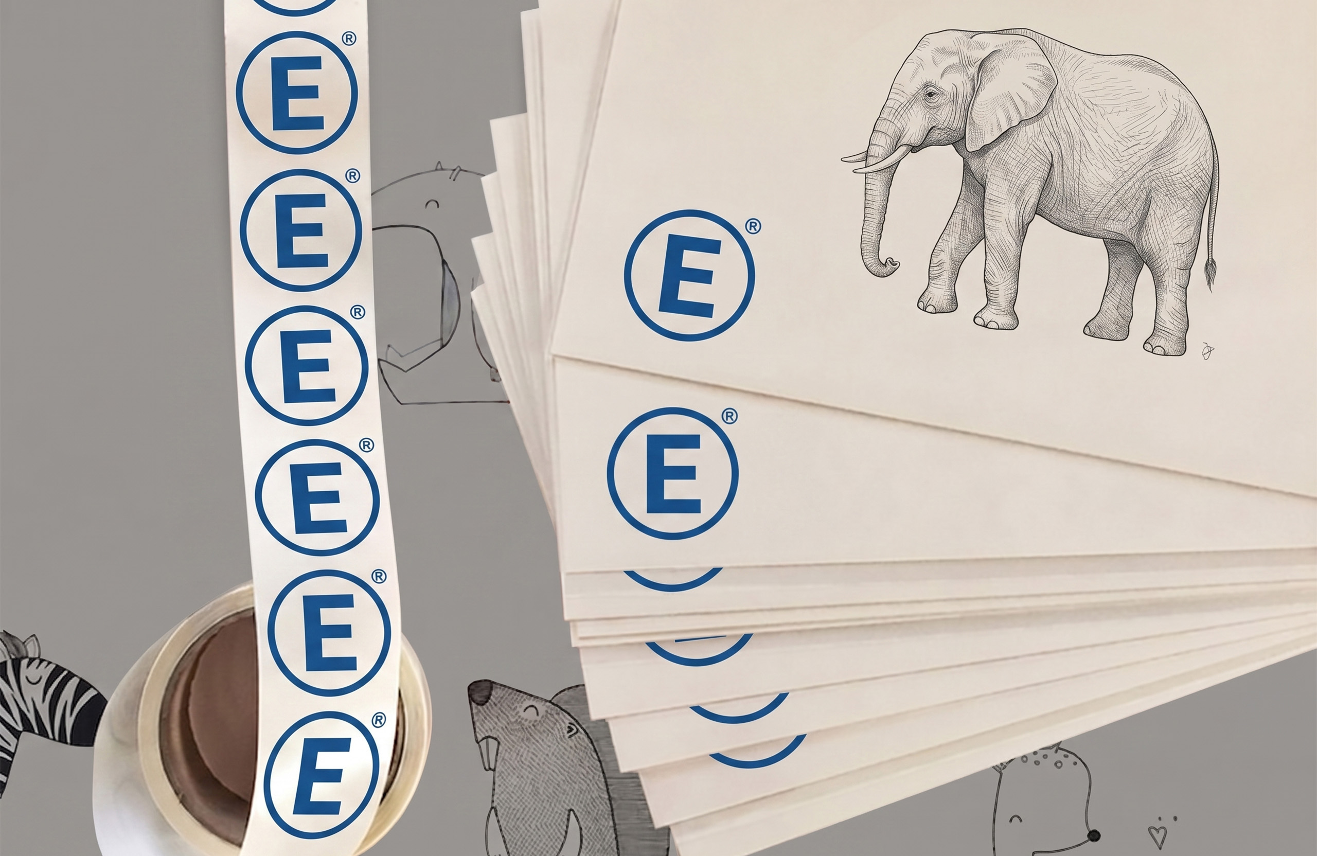 Rolle mit blau bedruckten Logo-Etiketten („E“) neben Stapel von Postkarten mit Elefanten-Illustration.
