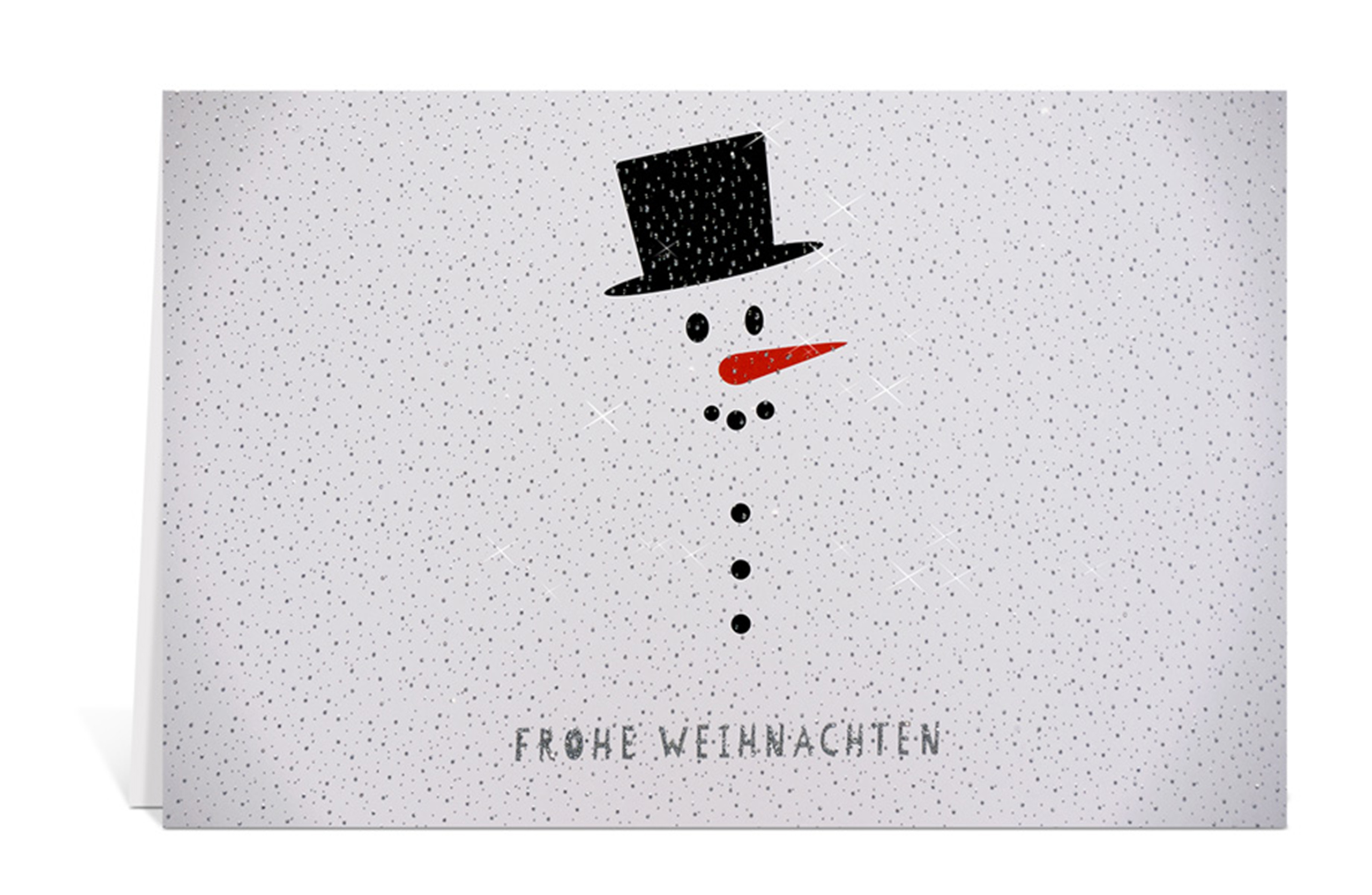 Weiße Weihnachtskarte mit Schnee, einem Schneemann und dem Text: Frohe Weihnachten