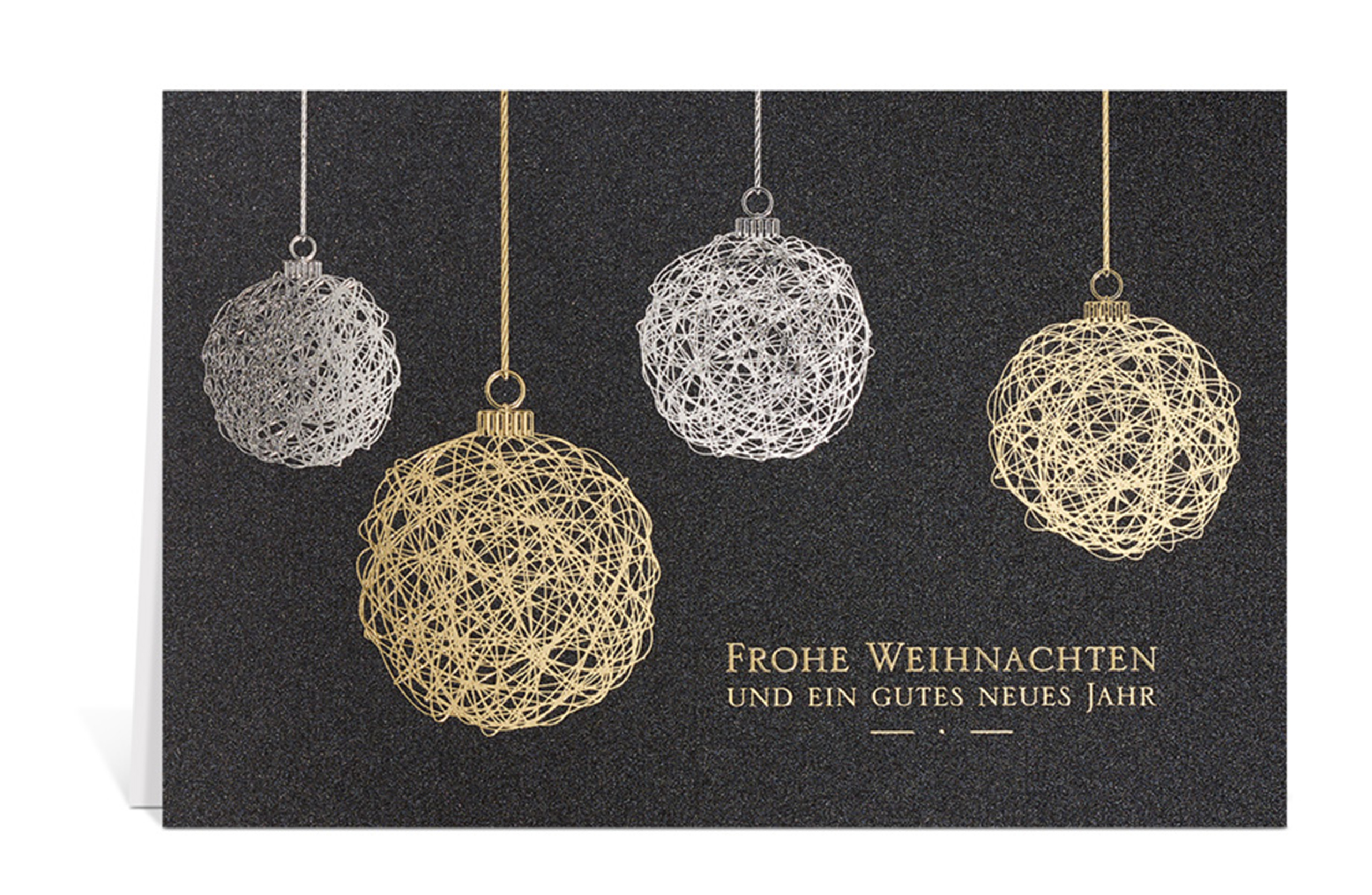 Weihnachtskarte mit gescribbelten Christbaumkugeln in Gold und Silber und dem Text: Frohe Weihnachten und ein gutes neues Jahr