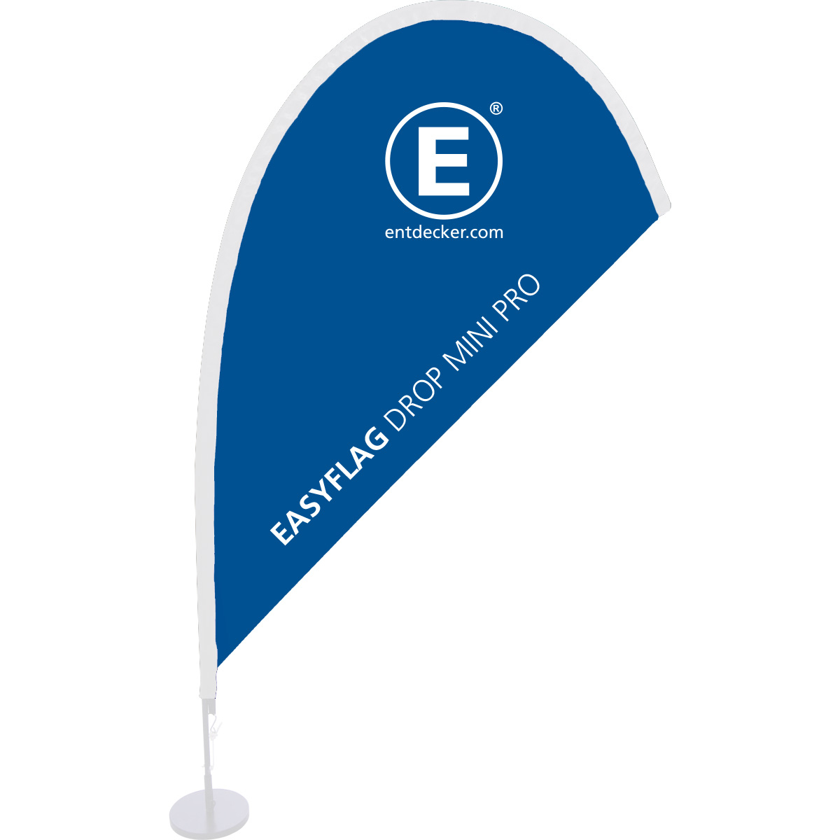 Tischaufsteller Beachflag Easyflag Mini in Blau mit schwarzem Rand, auf einem runden Standfuß.