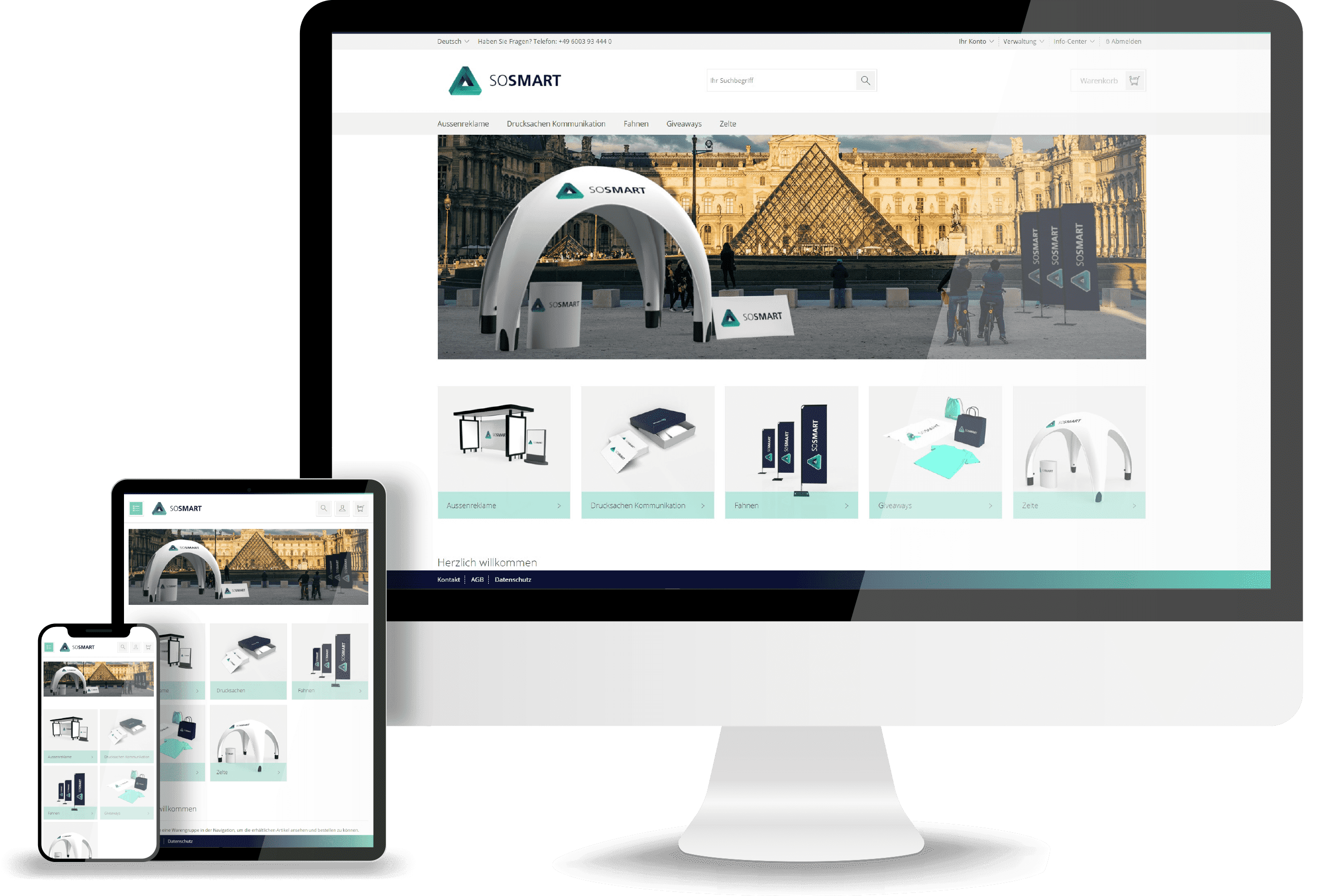 Mockup Sosmart Produkt 'Mockup Sosmart 2' zeigt eine Website mit einem großen Zelt und verschiedenen Produkten im Freien.