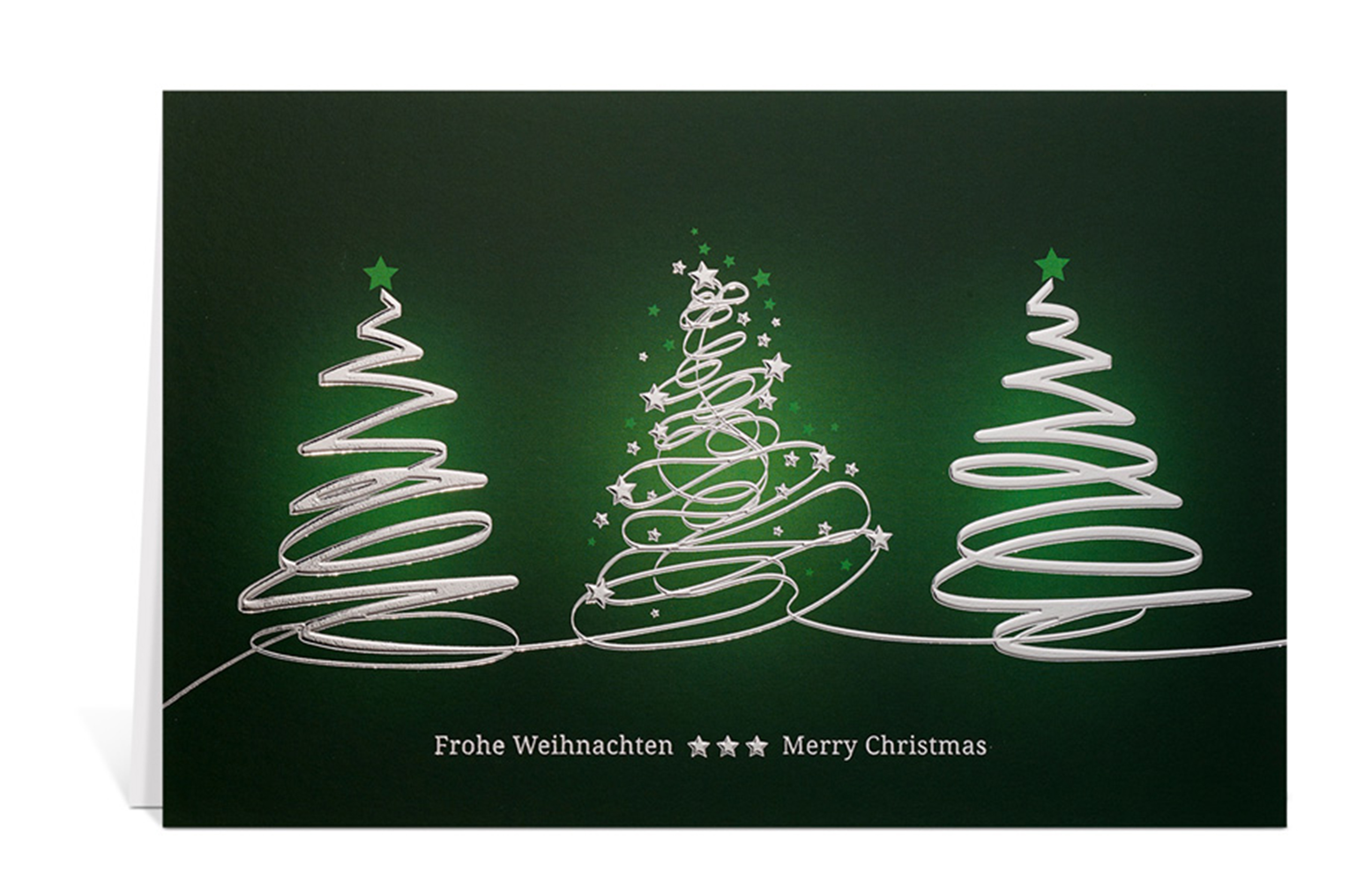 Grüne Weihnachtskarte mit drei silbernen Weihnachtsbäumen aus einer Linie mit dem Text: Frohe Weihnachten - Merry Christmas