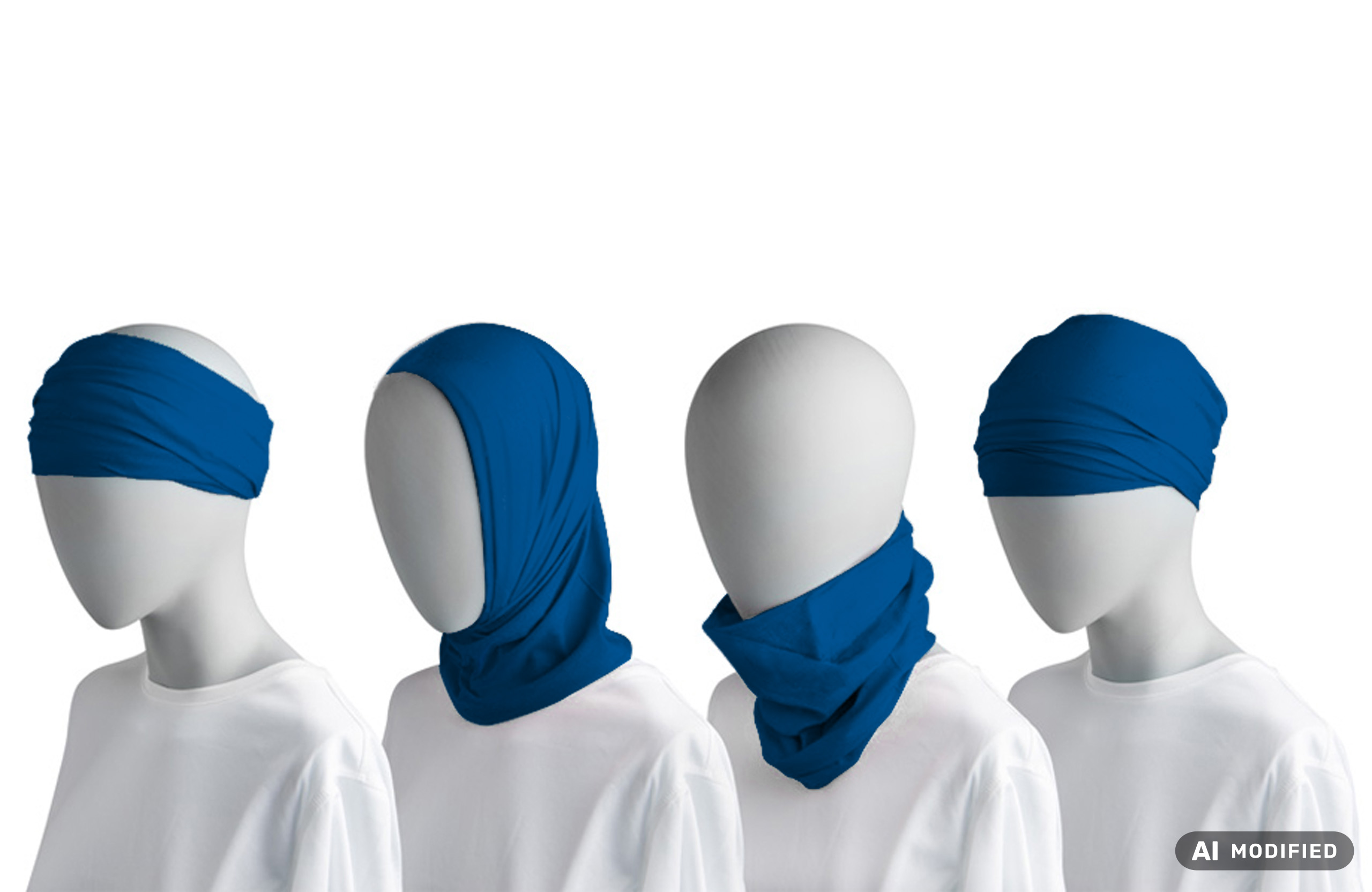 Vier weiße Schaufensterpuppen mit einem blauen Multifunktionstuch in verschiedenen Tragevarianten als Kopf- und Halstuch.