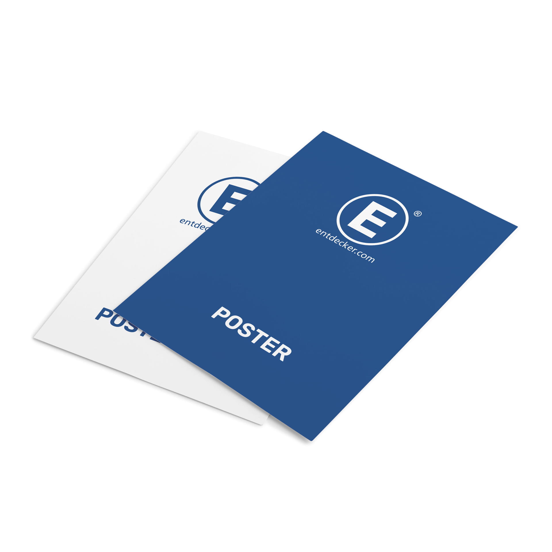 Werbeposter bedruckt Zwei Werbeposter in unterschiedlichen Farben, eines blau mit dem Text POSTER und das andere weiß, beide mit dem Logo von ENTDECKER.